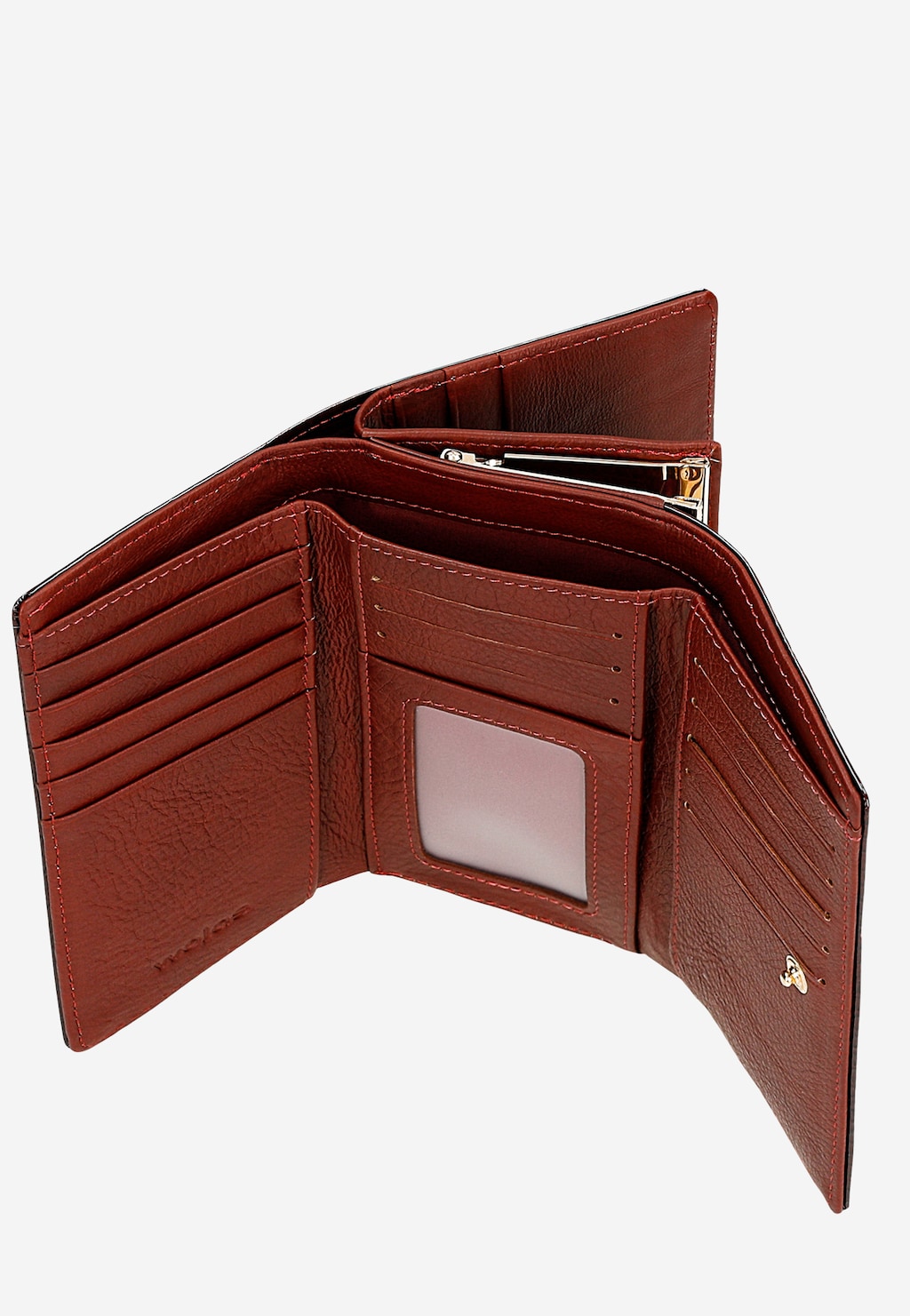 Czerwony lakierowany portfel Wojas model 91085-35 otwarty, ukazujący liczne przegrody na karty, kieszeń z okienkiem na dokumenty oraz miejsce na bilon z zapięciem.