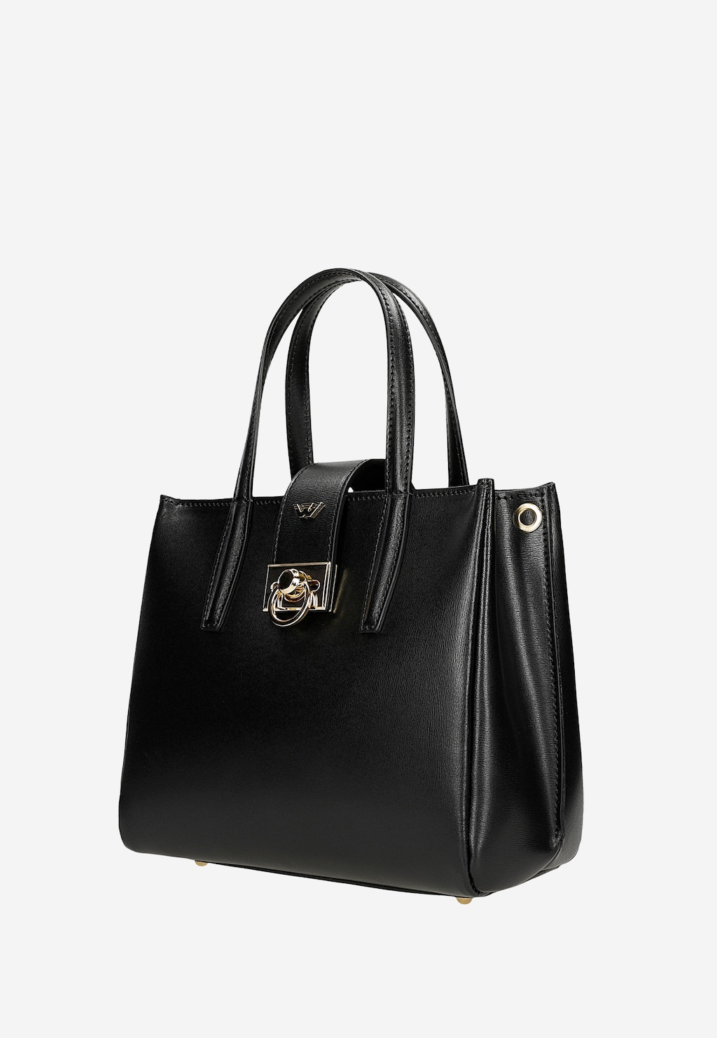 Elegancka czarna torebka damska Wojas typu kuferek model 80404-51 z podwójnymi uchwytami i ozdobnym metalowym zapięciem na przodzie, wykonana z gładkiej skóry.