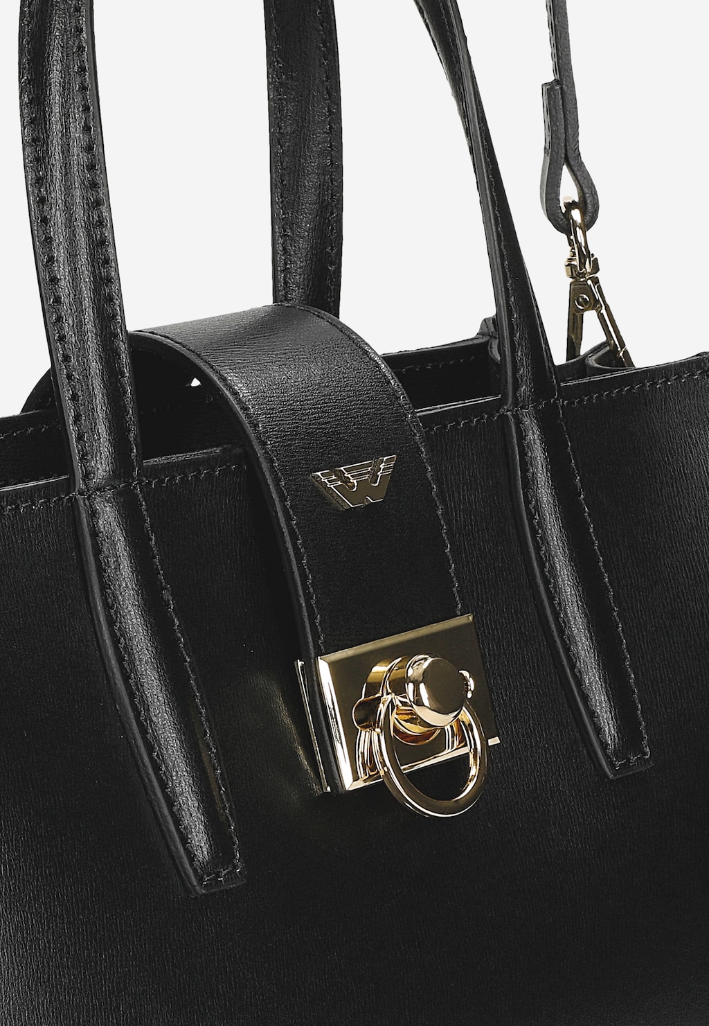 Czarna elegancka torebka damska Wojas model 80404-51 typu kuferek ze złotymi elementami - zapięciem i logo. Widoczne podwójne uchwyty i skórzane wykończenie.