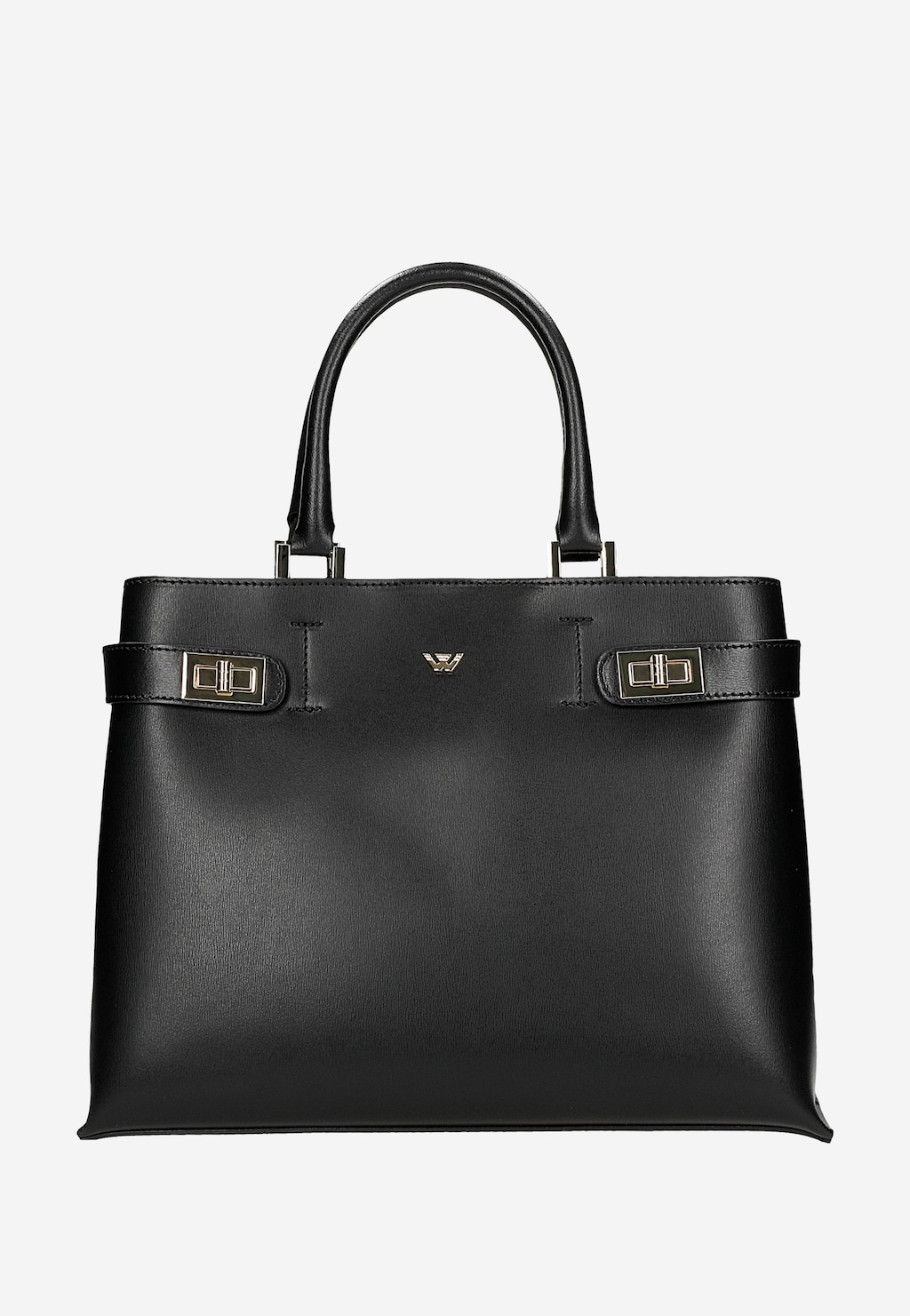 Elegancki czarny skórzany kuferek damski Wojas model 80403-51 z podwójnymi uchwytami, ozdobnymi klamrami i charakterystycznym logo marki na froncie.