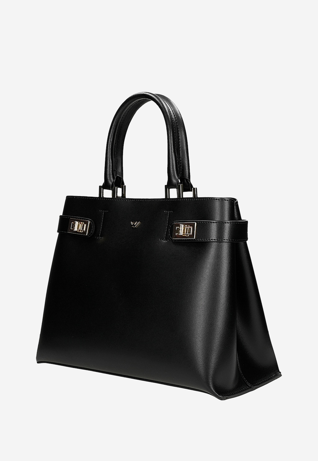 Elegancki czarny skórzany kuferek damski Wojas model 80403-51 z podwójnymi uchwytami, złotymi zapięciami i ozdobnym paskiem na froncie torebki.