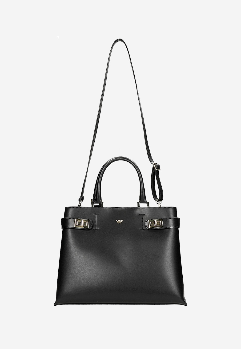 Elegancki czarny skórzany kuferek damski Wojas 80403-51 z podwójnym uchwytem, odpinanym paskiem na ramię i ozdobnymi złotymi zapięciami po bokach.