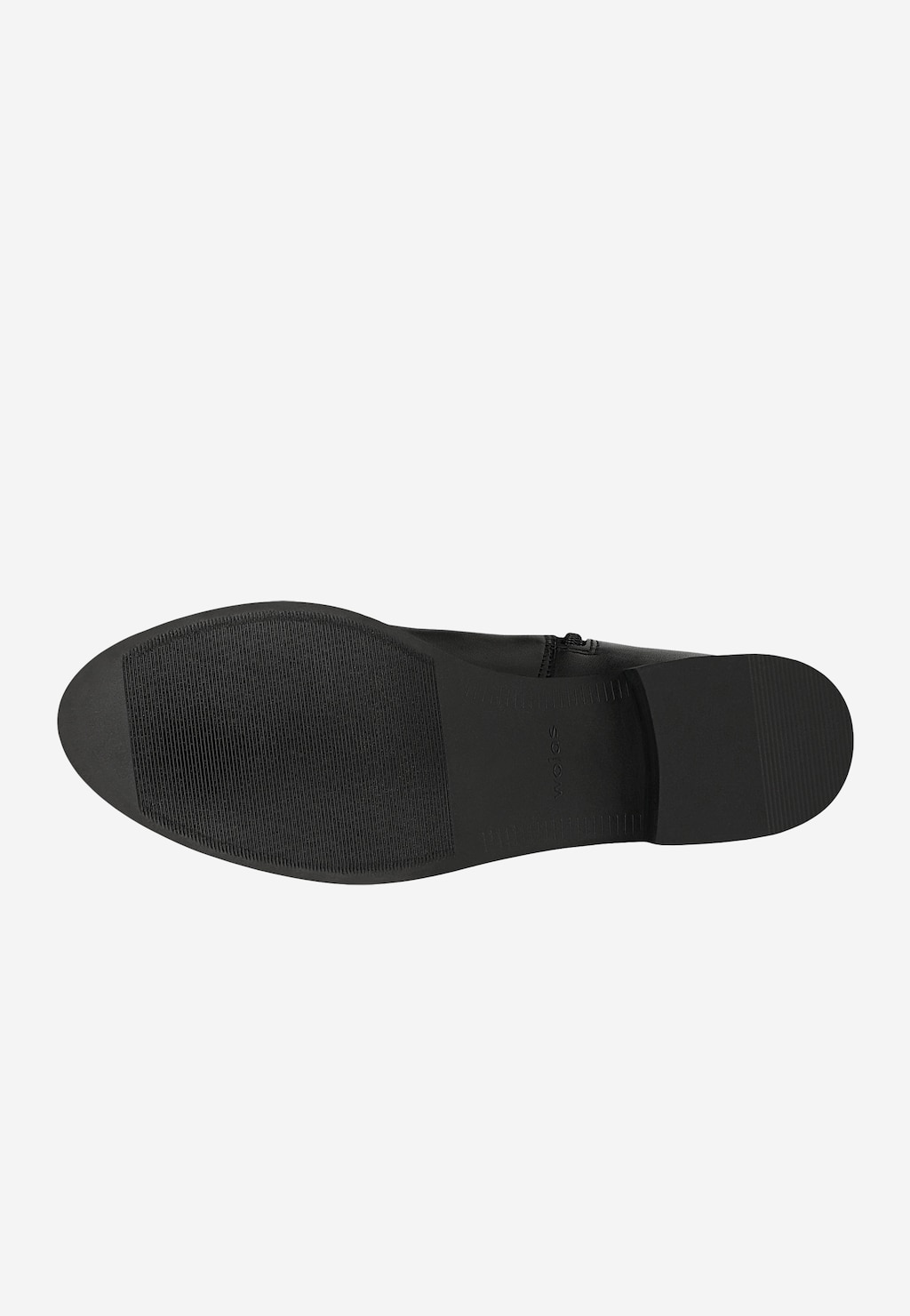 Podeszwa czarnych skórzanych kozaków damskich Wojas model 71070-51 z ociepleniem, widok od spodu ukazujący antypoślizgowy wzór i logo marki.