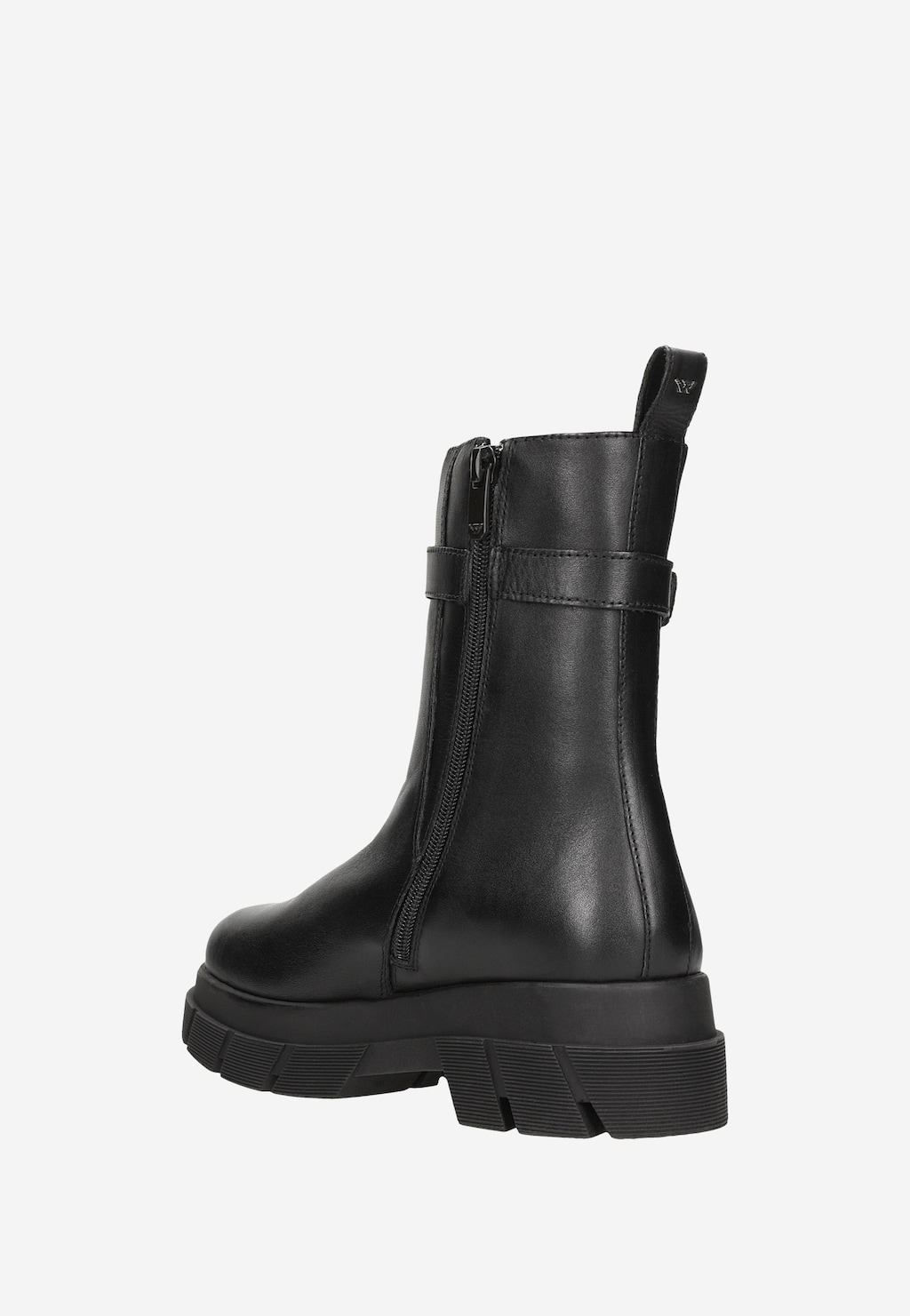 Czarne skórzane botki damskie Wojas 55189-51 z ozdobną klamerką, bocznym zamkiem błyskawicznym i masywną podeszwą, widok z boku.