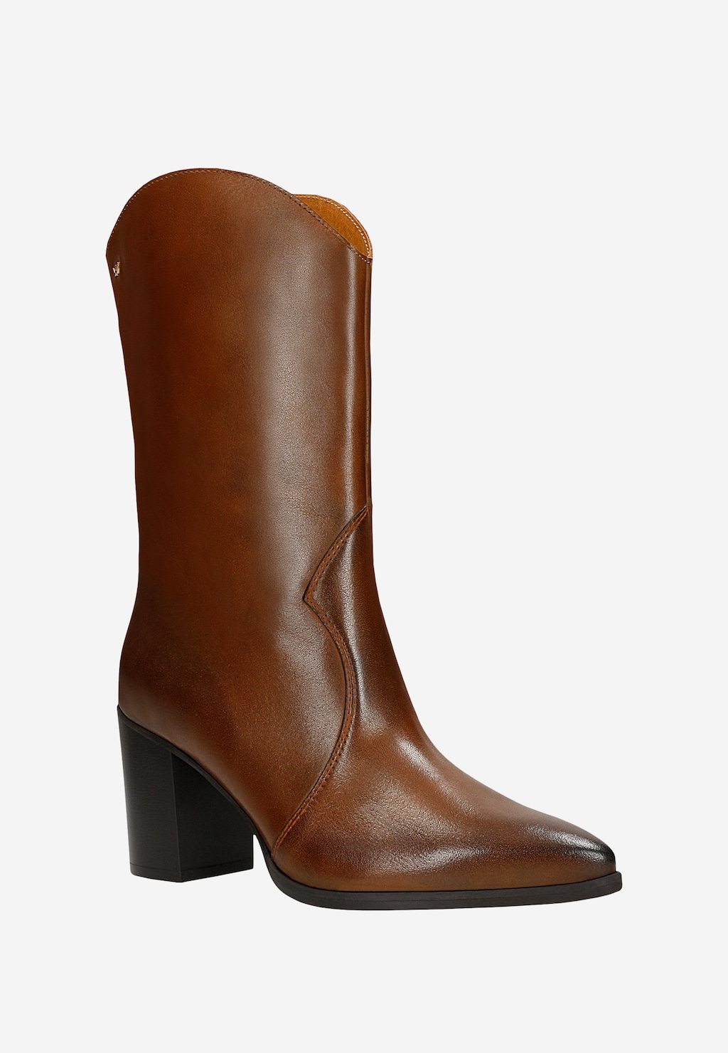 Brązowe kowbojki damskie Wojas model 55239-52 ze skóry naturalnej, z charakterystycznym spiczastym noskiem i stabilnym obcasem, w stylu western, widok z boku.