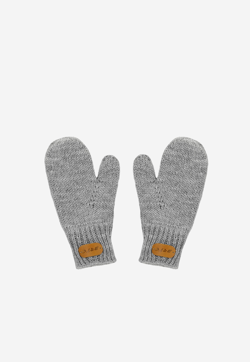Popielate dziecięce rękawiczki z kolekcji BARTEK 85601-10, wykonane z dzianinowego materiału, z brązowymi metkami firmowymi przy mankietach.
