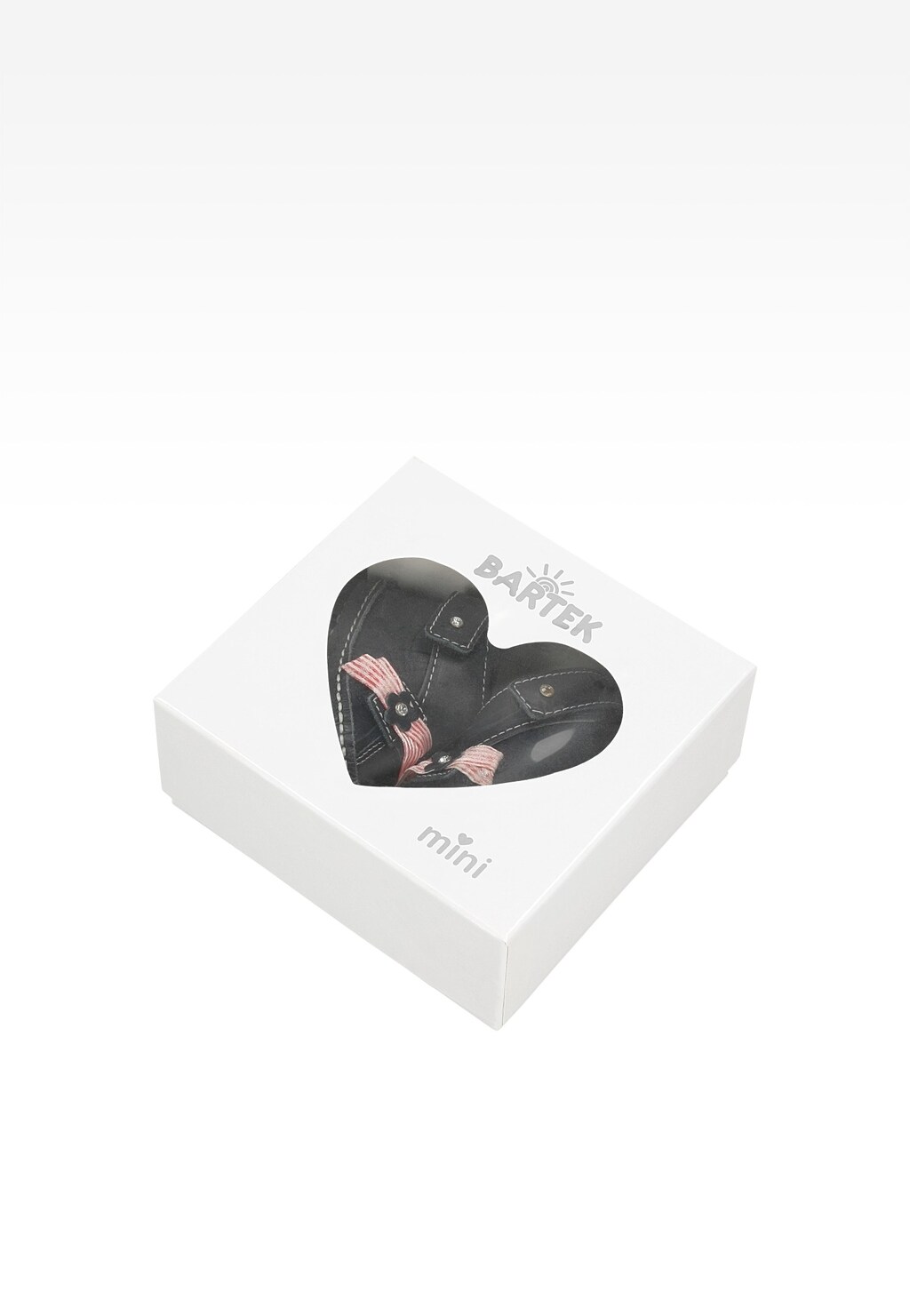 Granatowe buciki dziecięce Mini BARTEK T-21375/N3 dla dziewcząt w ozdobnym pudełku prezentowym z różową kokardką, widok z góry.