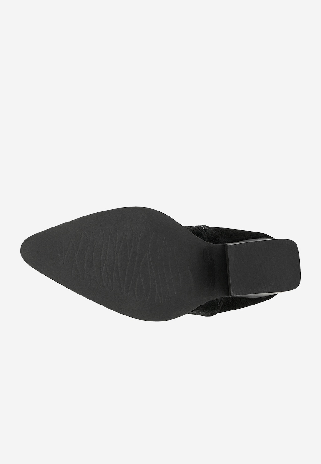 Podeszwa czarnych kowbojek Wojas 55194-61 z dwoiny z ozdobnymi przeszyciami, widok od spodu ukazujący spiczasty nosek i masywny kwadratowy obcas.