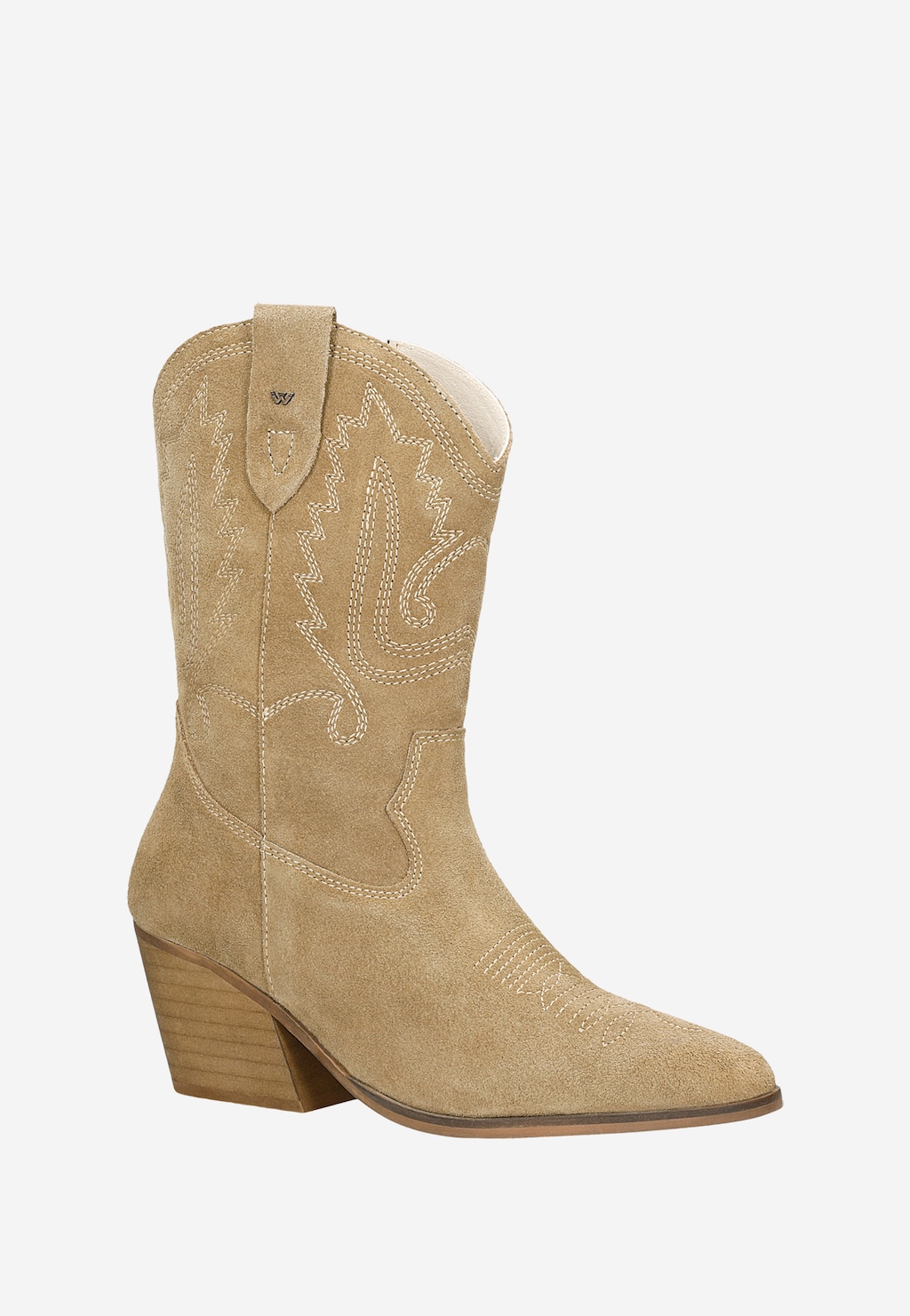 Beżowe botki typu kowbojki z ozdobnymi przeszyciami na cholewce 55194-64 Widok 3