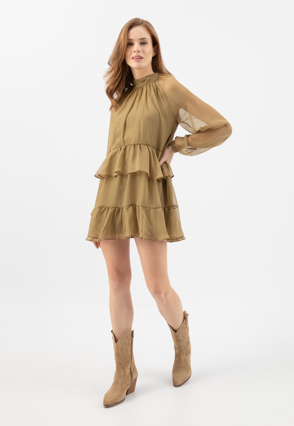 Beżowe botki typu kowbojki z ozdobnymi przeszyciami na cholewce 55194-64 Widok 9