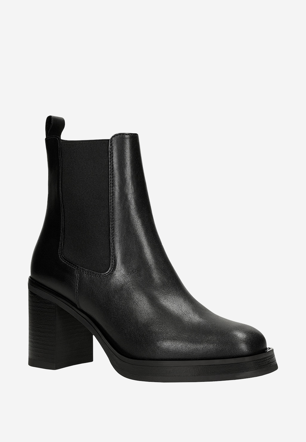 Czarne klasyczne botki Wojas model 55260-51 z elastycznymi wstawkami po bokach, wykonane ze skóry naturalnej, na stabilnym kwadratowym obcasie, widok z boku.
