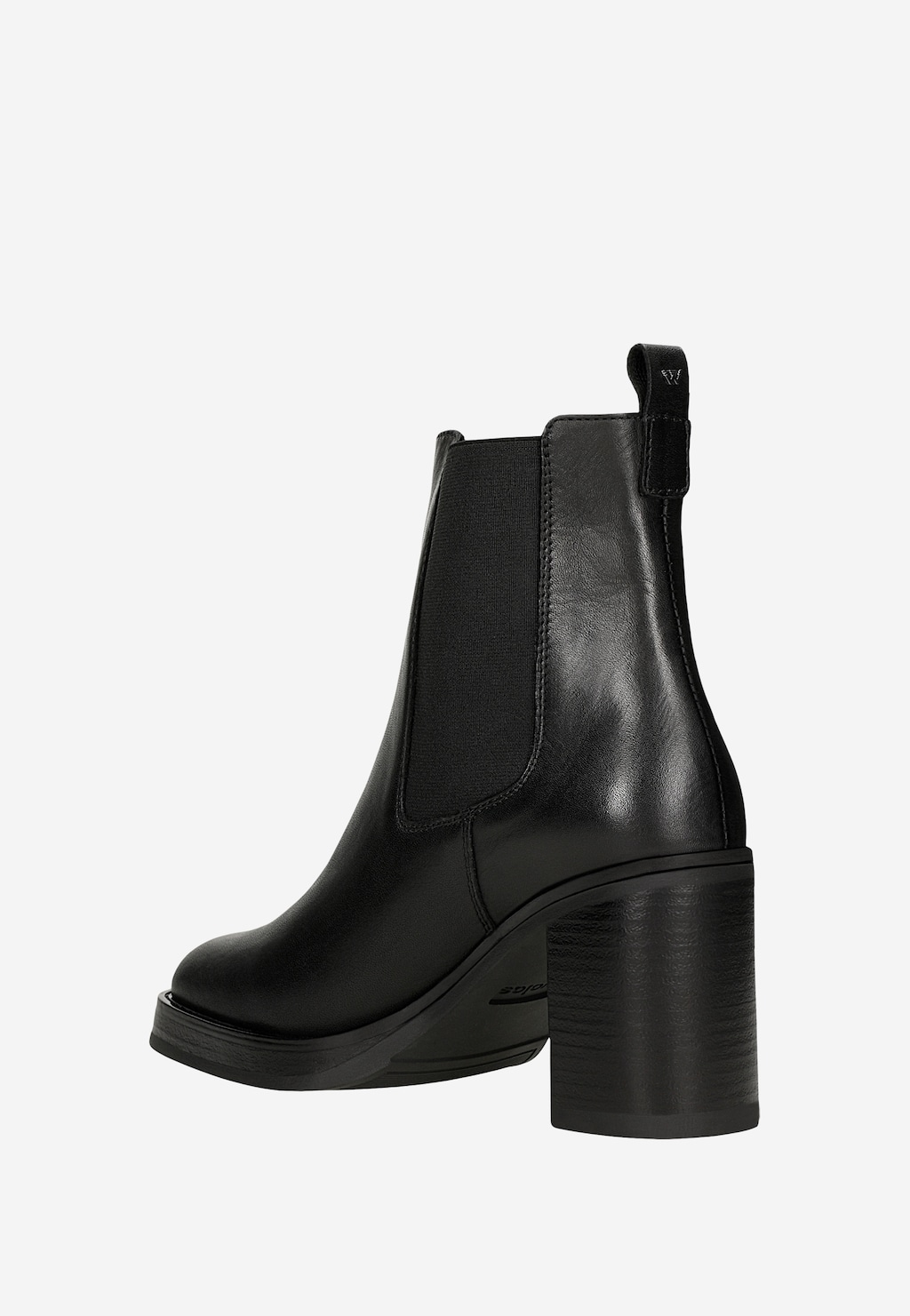 Czarne klasyczne botki Wojas model 55260-51 z boczku. Widoczna skórzana cholewka z elastyczną wstawką, charakterystyczny gruby obcas i logo marki na pętli.