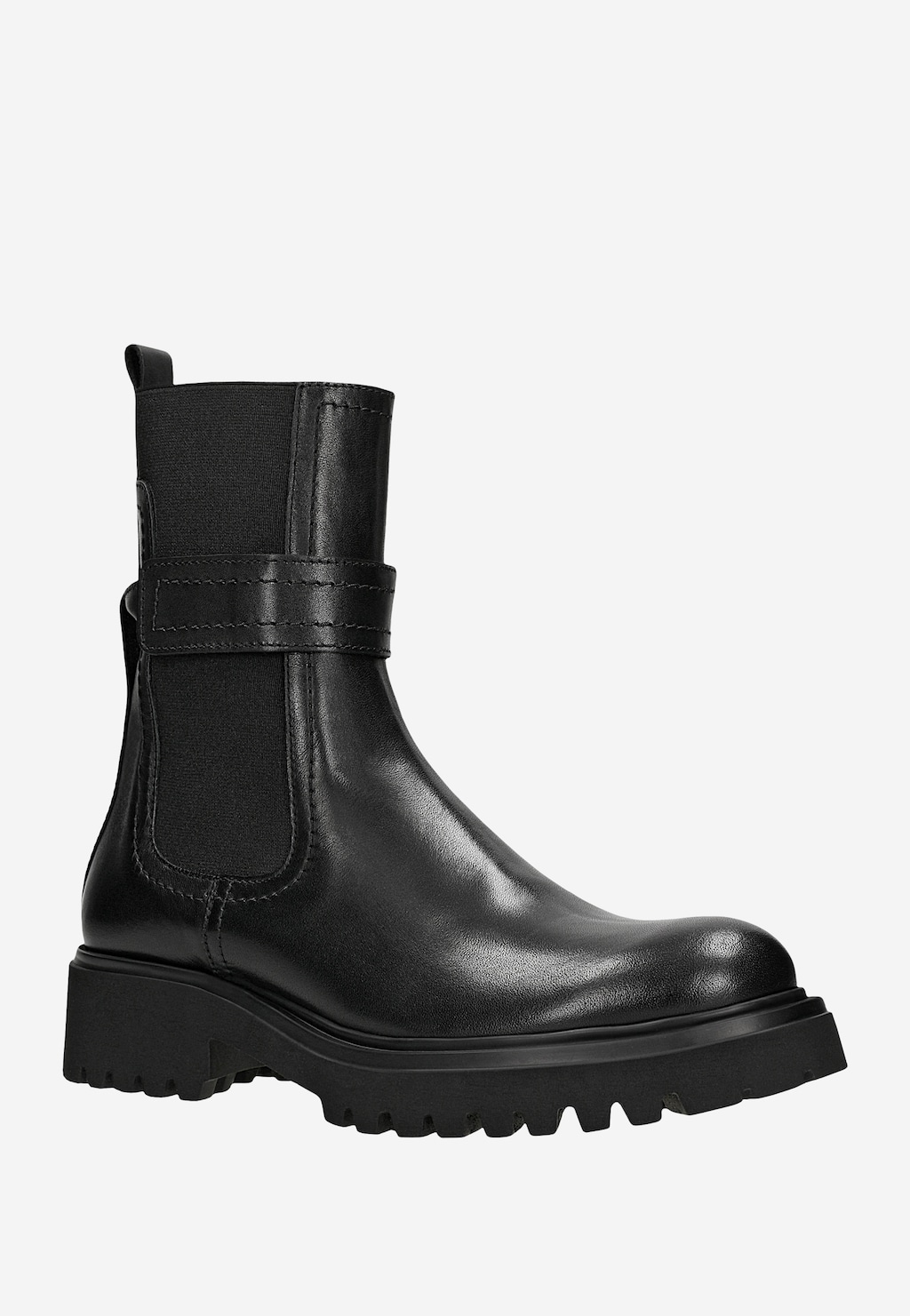 Czarne wysokie sztyblety damskie Wojas model 55279-51 ze skóry licowej z elastycznymi wstawkami, paskiem ozdobnym i masywną podeszwą o bieżnikowanym spodzie.