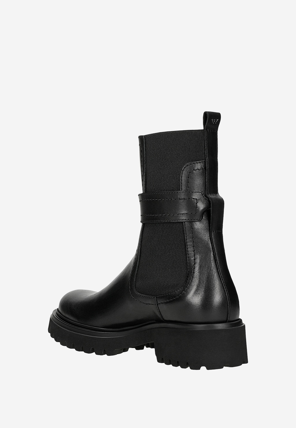 Czarne wysokie sztyblety damskie Wojas 55279-51 z licowej skóry, z elastycznymi wstawkami po bokach, ozdobnym paskiem i grubą, profilowaną podeszwą, widok z boku.