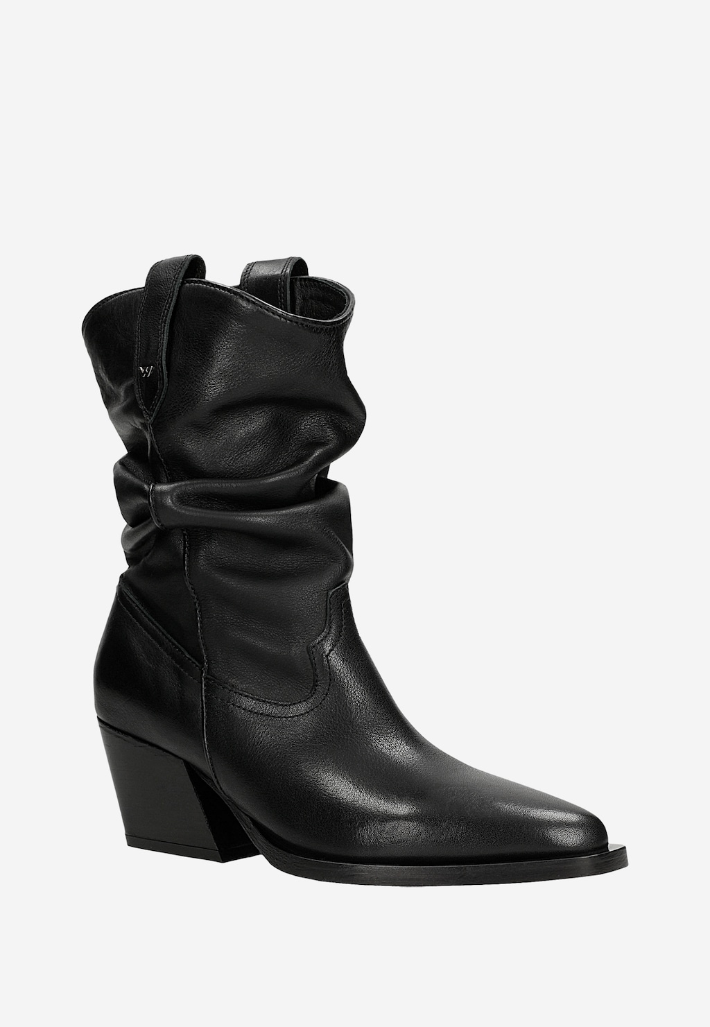 Czarne skórzane kowbojki Wojas model 55288-51 z marszczoną cholewką, spiczastym noskiem i stabilnym obcasie. Stylowe damskie buty w stylu western.