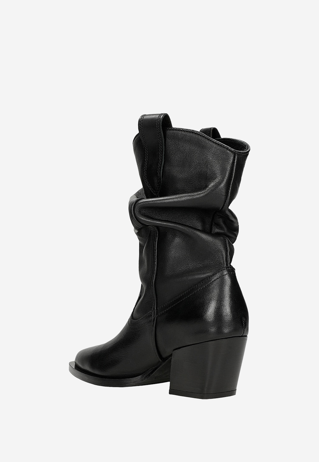 Czarne skórzane kowbojki damskie Wojas 55288-51 z charakterystyczną marszczoną cholewką i stabilnym obcasem, widok z boku ukazujący stylowy western design.