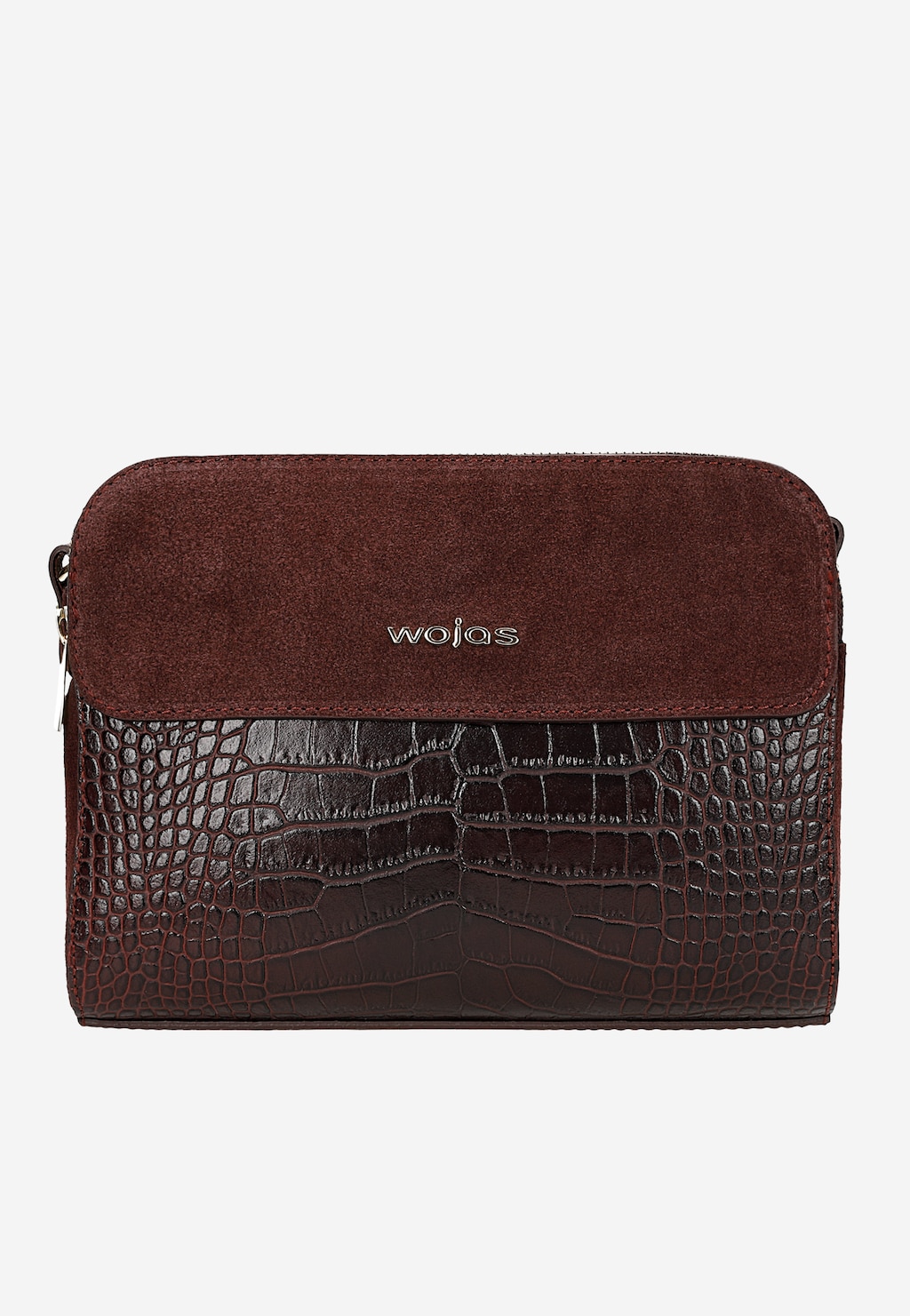 Elegancka bordowa torebka Wojas 80290-75 z tłoczonej skóry imitującej krokodyla i zamszowej wstawki, z logo marki i ozdobnym zamkiem błyskawicznym.