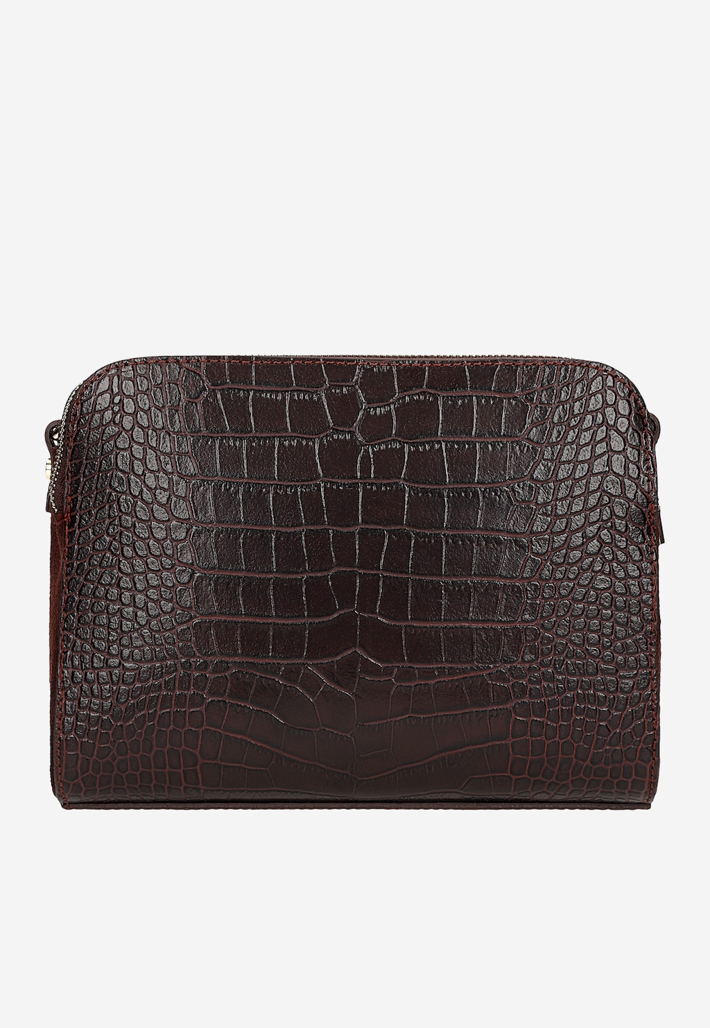 Elegancka bordowa torebka Wojas model 80290-75 z tłoczonej skóry o fakturze imitującej skórę krokodyla, z zamkiem błyskawicznym na górze.