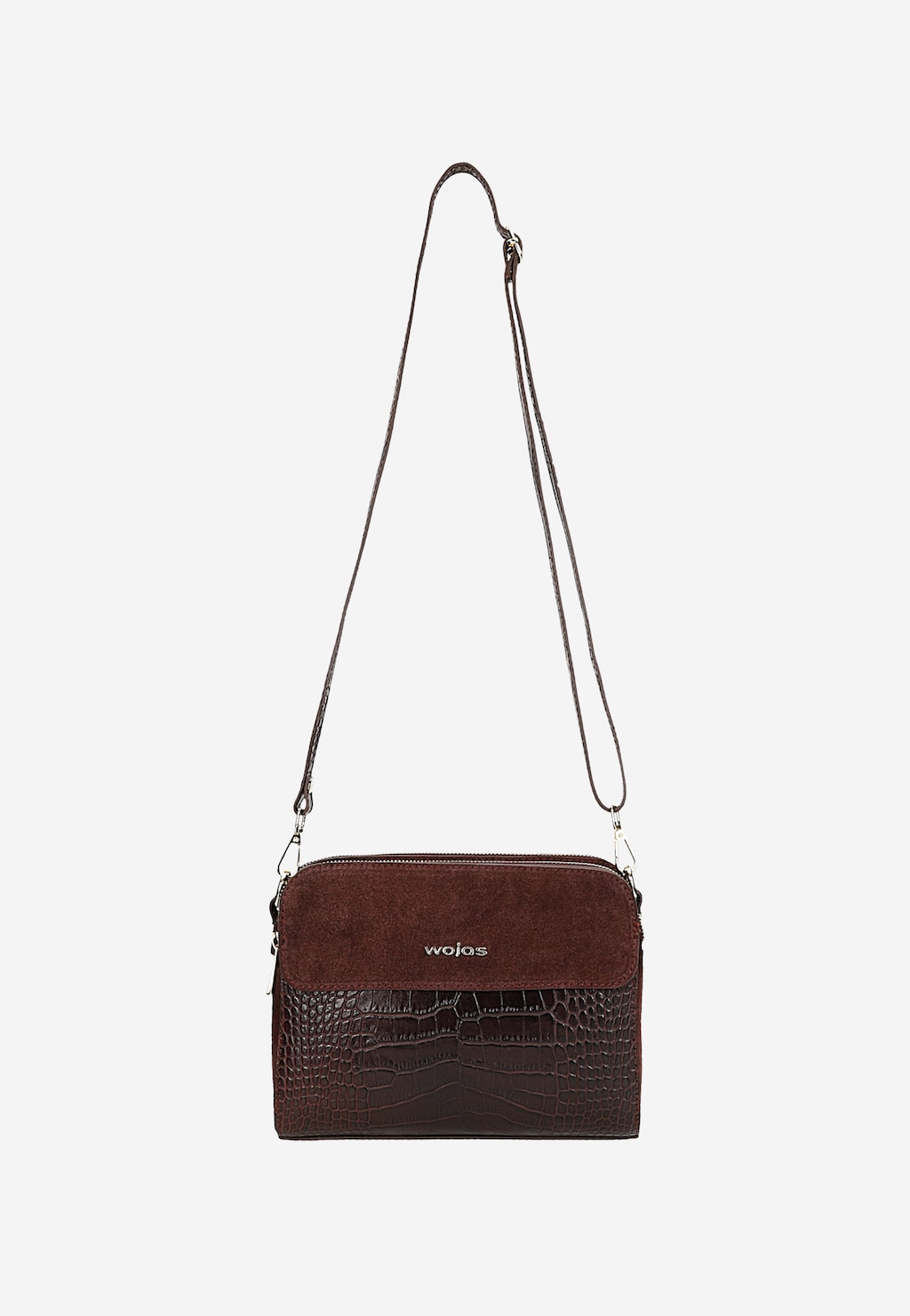 Bordowa torebka Wojas model 80290-75 z tłoczonej skóry i zamszowej wstawki, z regulowanym paskiem na ramię, zapięciem na zamek i firmowym logo na przodzie.