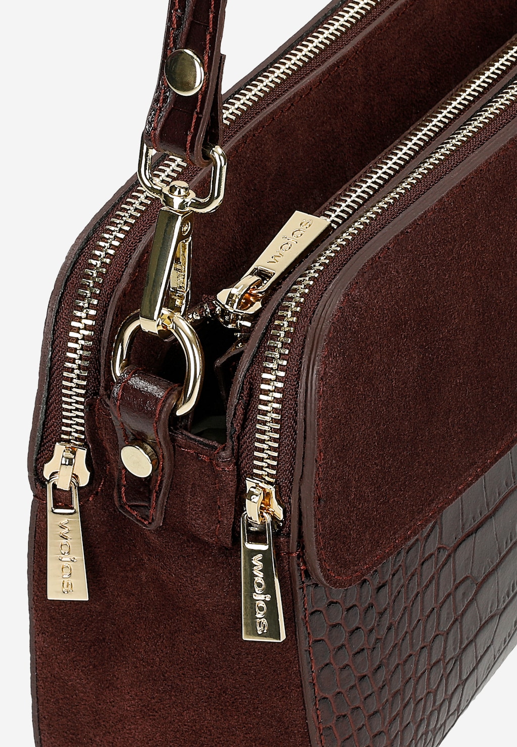 Bordowa torebka Wojas model 80290-75 z tłoczonej skóry i wstawki z dwoiny, widoczne złote zamki błyskawiczne i logo marki na zewnętrznej kieszeni.