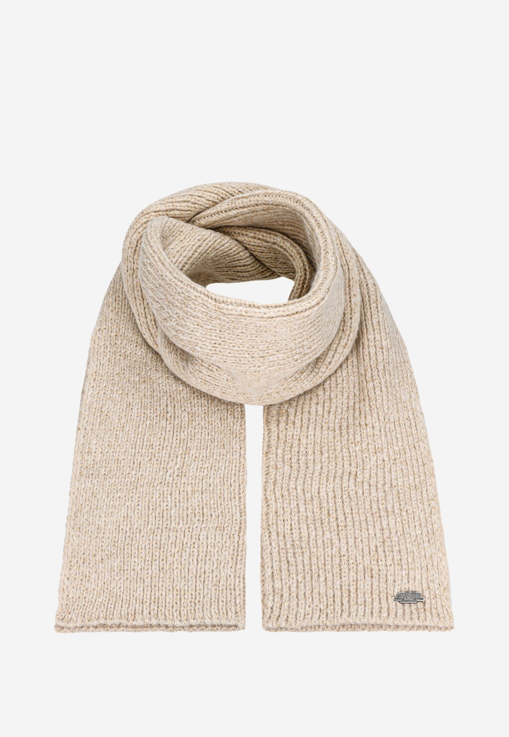 Elegancki jasnobeżowy szalik damski Relaks z wiskozą i złotą nitką, model R96030-84, przedstawiony w formie złożonej. Widoczna delikatna dzianina i firmowe logo.