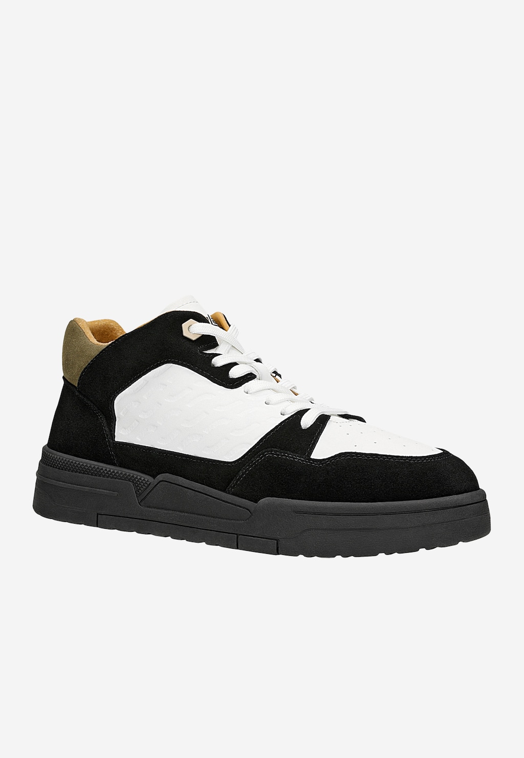 Czarno-białe trampki męskie RELAKS R2404180 z charakterystyczną beżową wstawką, białymi sznurówkami i czarną podeszwą, widok z boku.