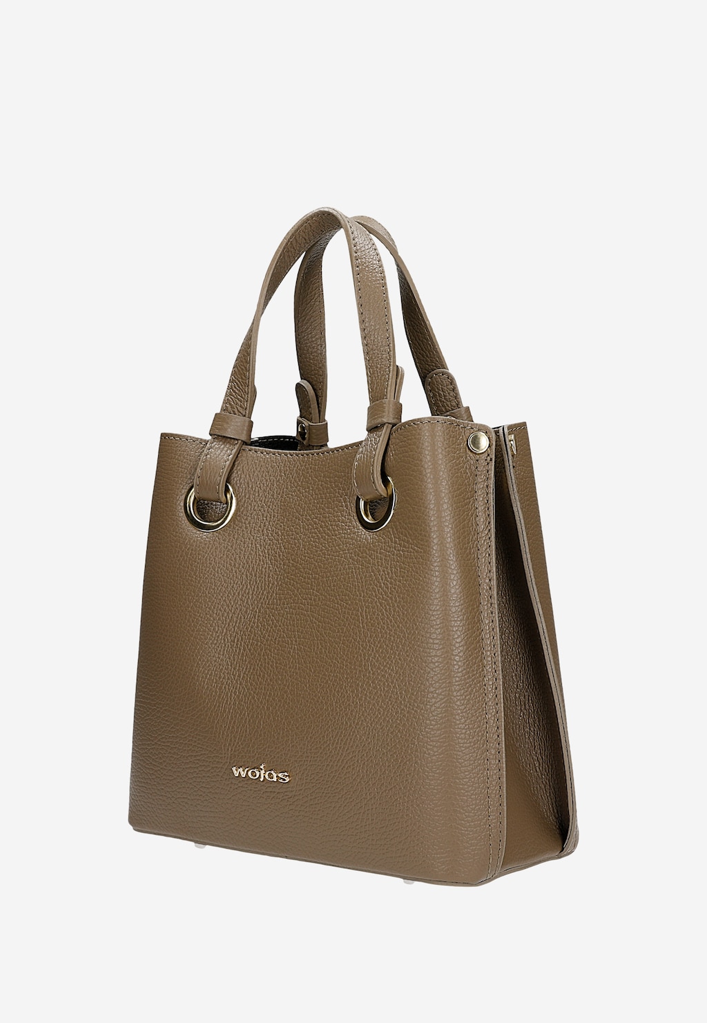 Ciemnobeżowa torebka damska Wojas model 80408-54 ze skóry licowej, z podwójnymi uchwytami, metalowymi okuciami i złotym logo marki, ujęta z przodu.