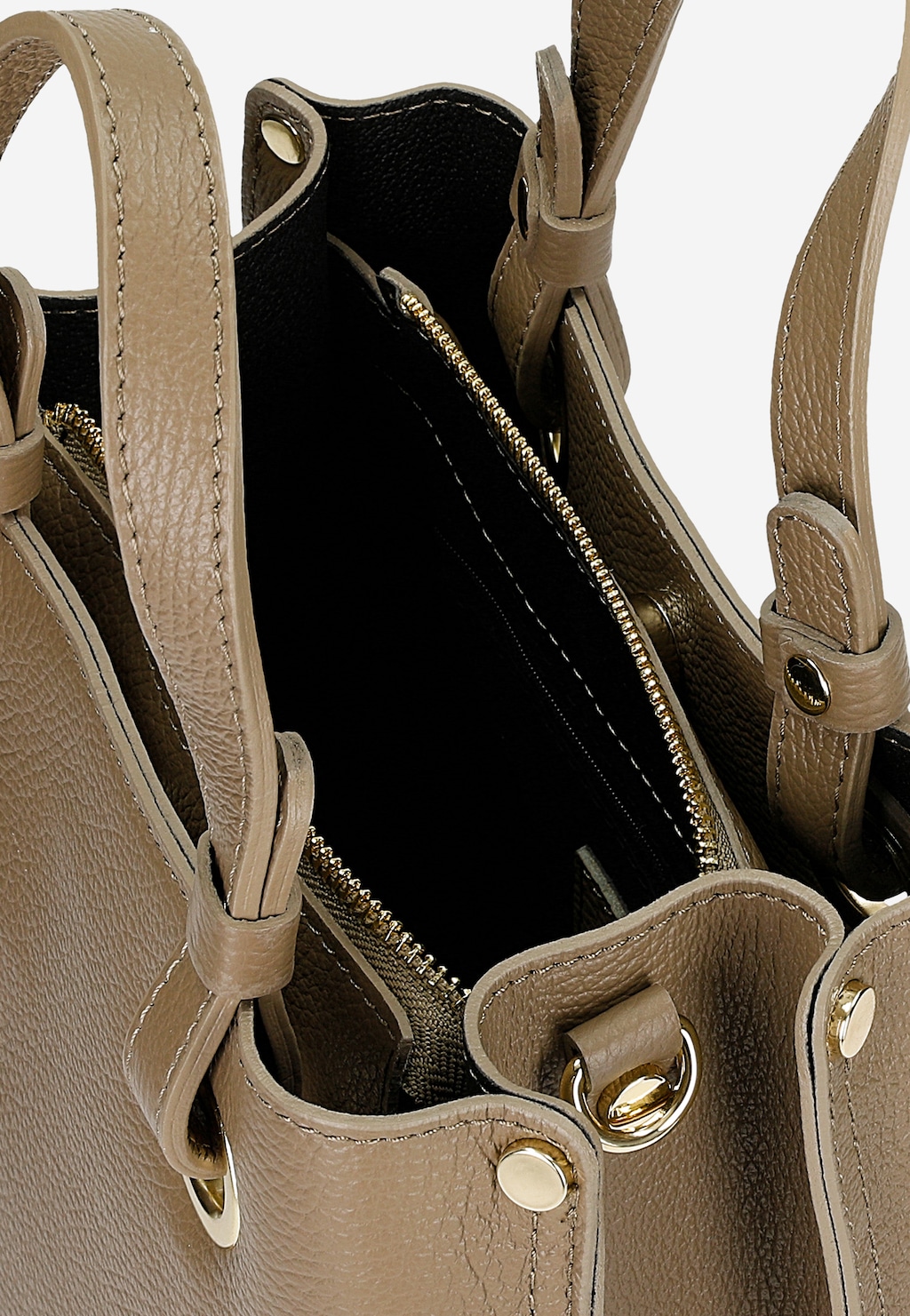 Ciemnobeżowa torebka damska Wojas model 80408-54 ze skóry licowej, ukazana z góry z widocznym zamkiem błyskawicznym, czarnym wnętrzem i złotymi detalami.