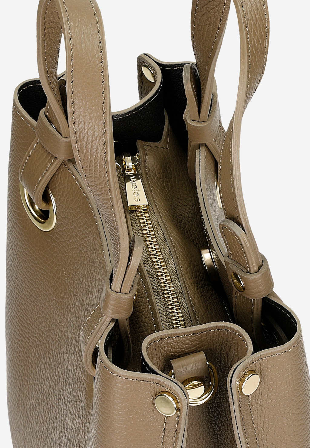 Ciemnobeżowa torebka damska Wojas model 80408-54 ze skóry licowej, widok z góry ukazujący wnętrze z zamkiem błyskawicznym, złote okucia i eleganckie wykończenie.