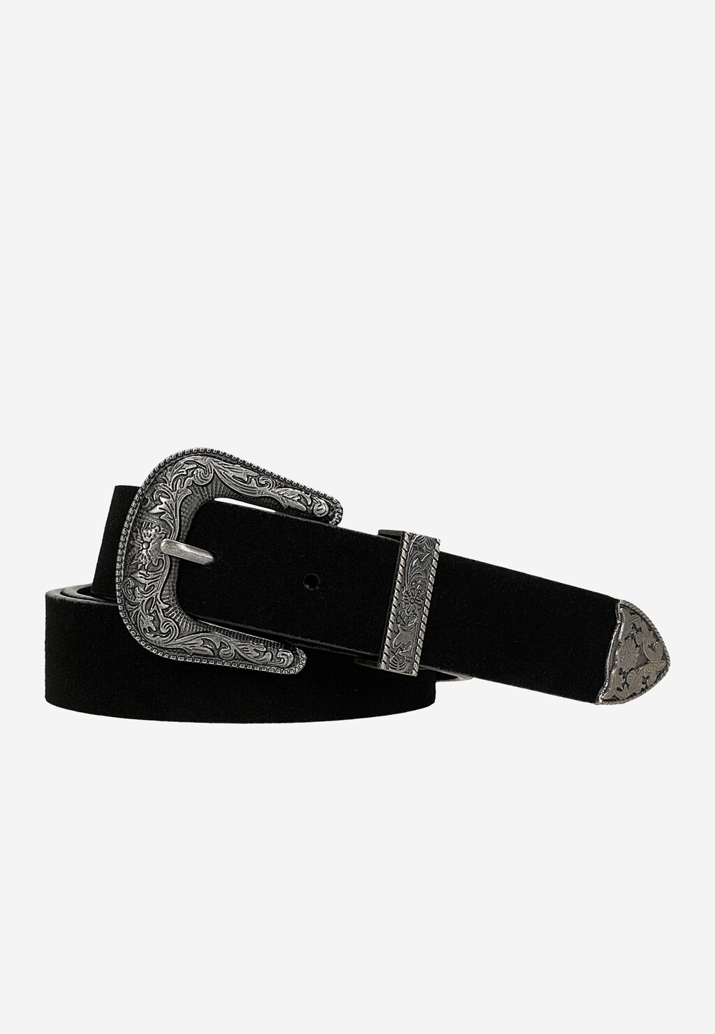 Czarny kowbojski pasek damski Wojas model 93112-61 z ozdobną klamrą w stylu western, bogato zdobioną grawerowanymi motywami roślinnymi oraz metalowymi aplikacjami na końcówce.