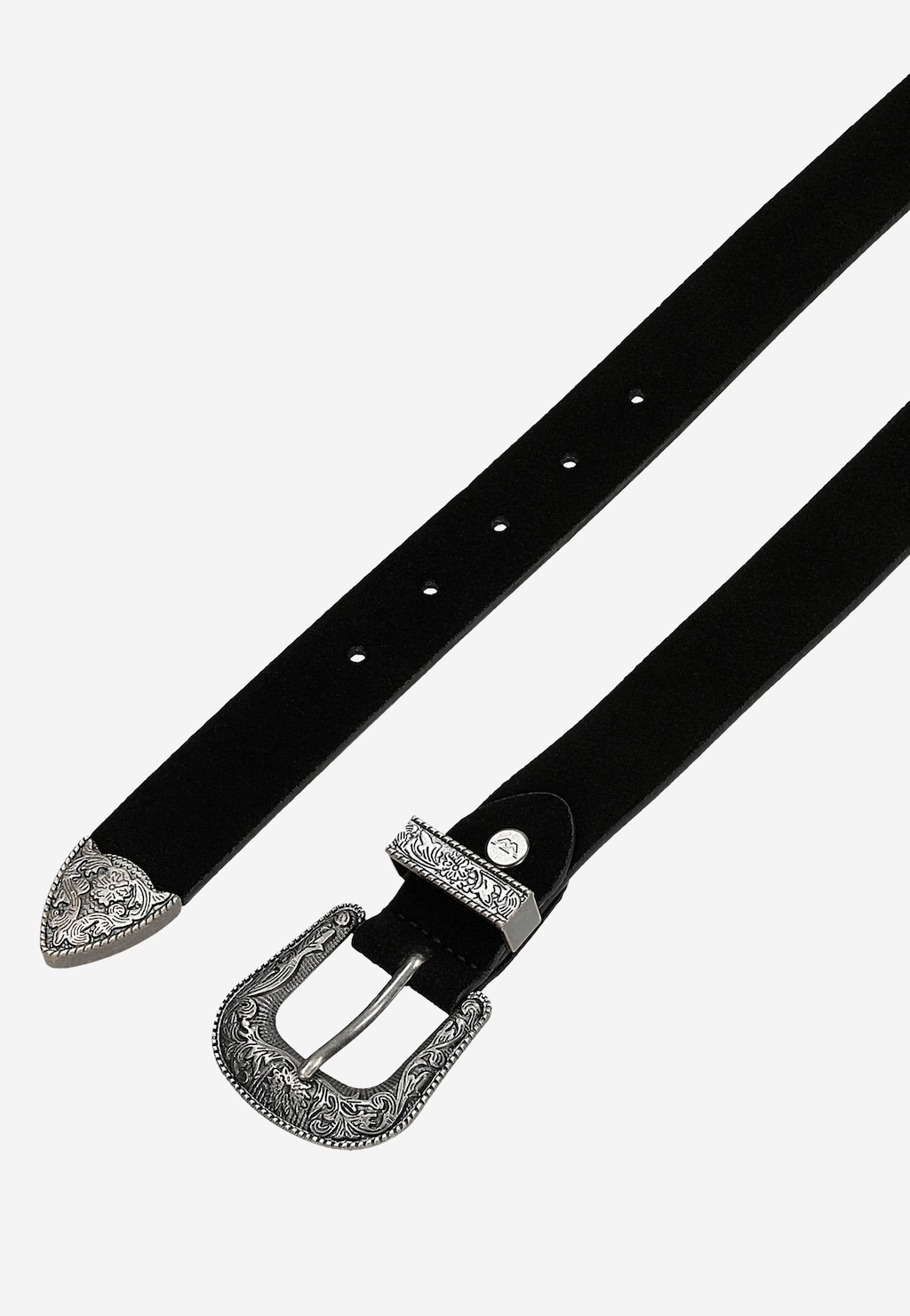 Czarny kowbojski pasek damski Wojas model 93112-61 z ozdobną metalową klamrą w stylu vintage i ornamentami na końcówce. Widoczne dziurki regulacyjne.