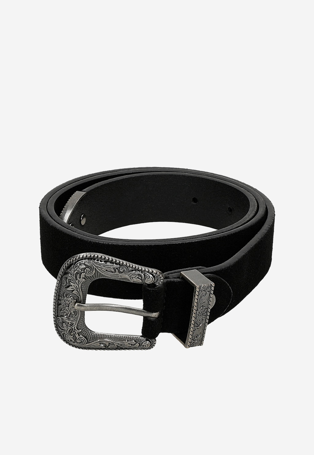 Czarny kowbojski pasek damski Wojas z ozdobną, grawerowaną metalową klamrą w stylu western. Model 93112-61 wykonany z zamszowej skóry, zapinany na dziurki.