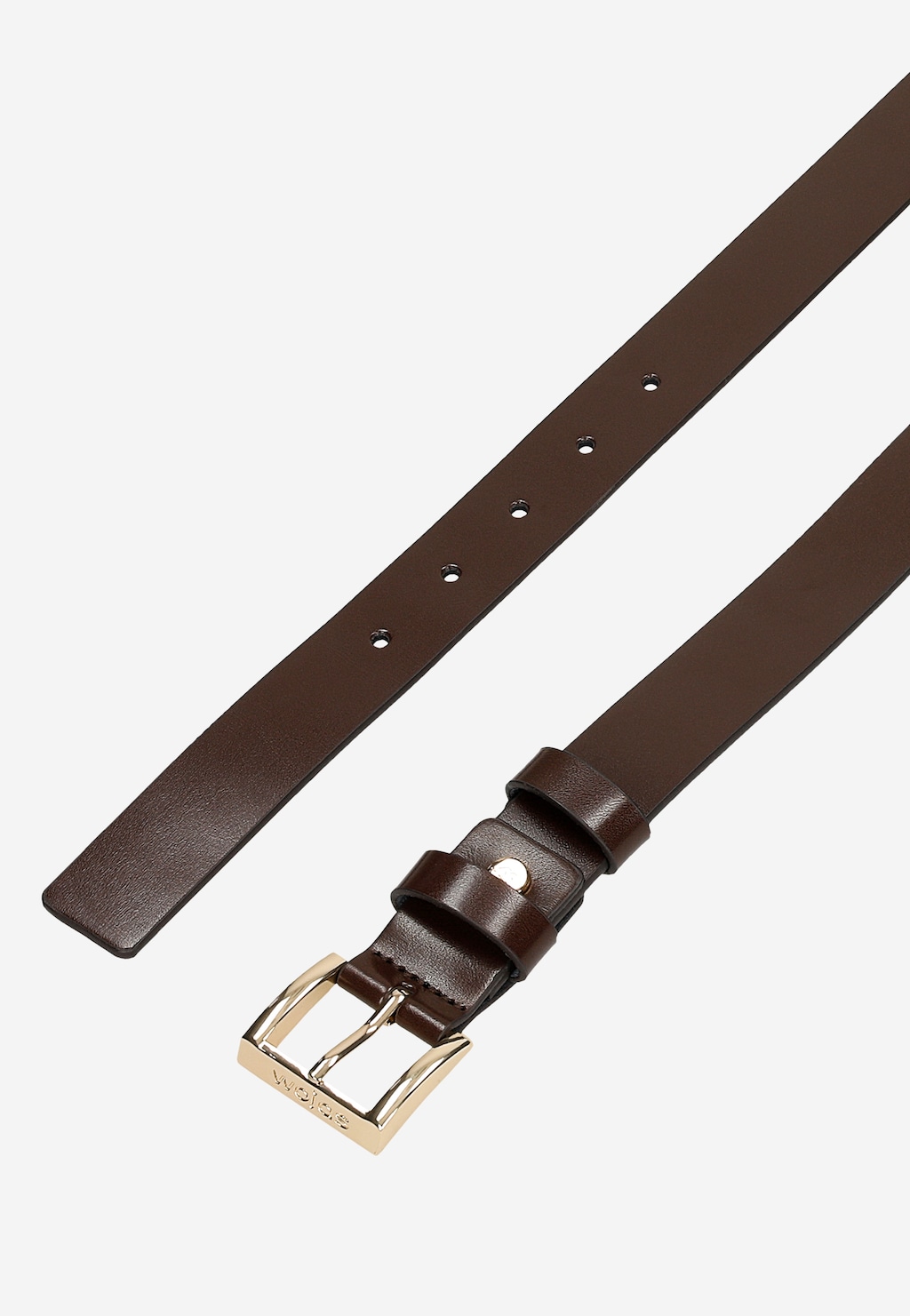 Ciemnobrązowy pasek damski Wojas model 93084-53 z elegancką złotą klamrą, wykonany ze skóry naturalnej, z widocznymi otworami do regulacji długości.