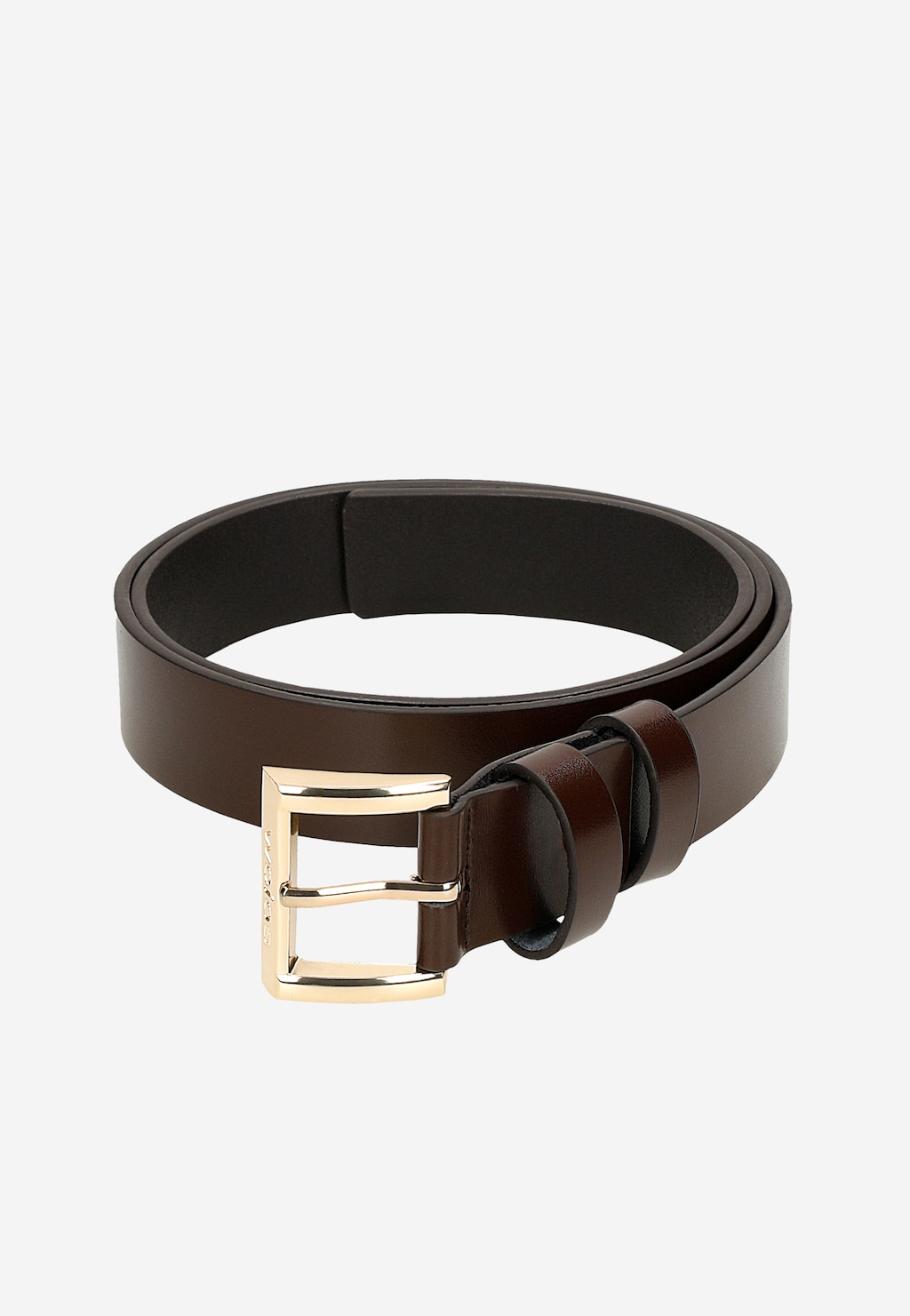 Ciemnobrązowy pasek damski Wojas model 93084-53 ze złotą klamrą, wykonany z gładkiej skóry, zapinany na elegancką złotą sprzączkę.