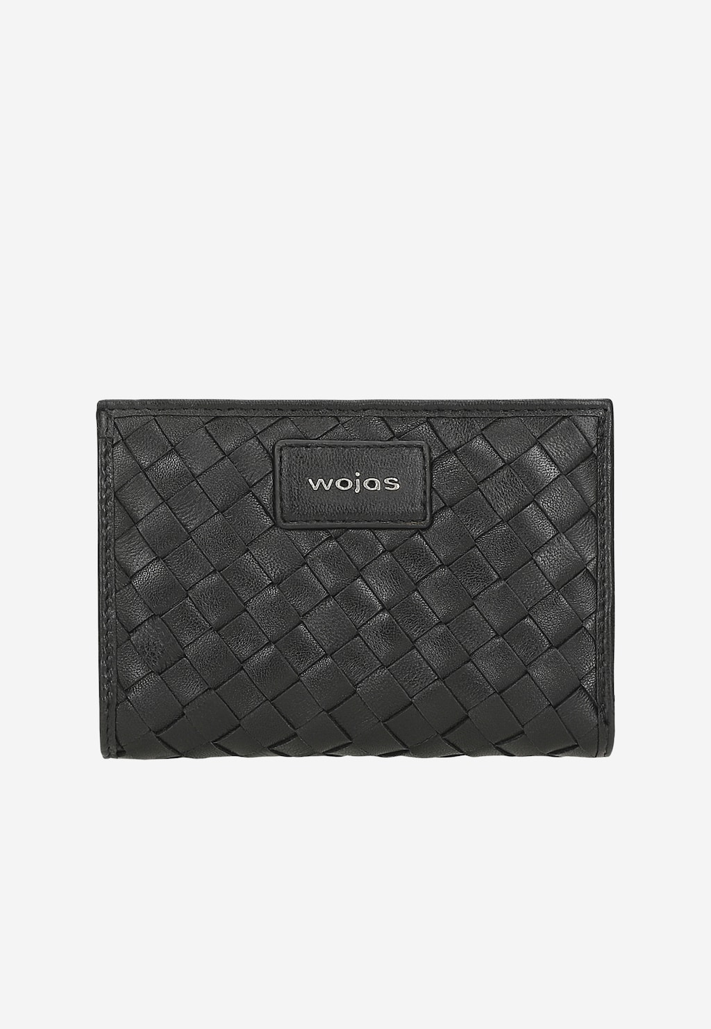 Czarny portfel damski Wojas model 91098-51 wykonany z plecionej skóry licowej. Elegancki wzór splotu z wyraźnym logo marki na froncie.