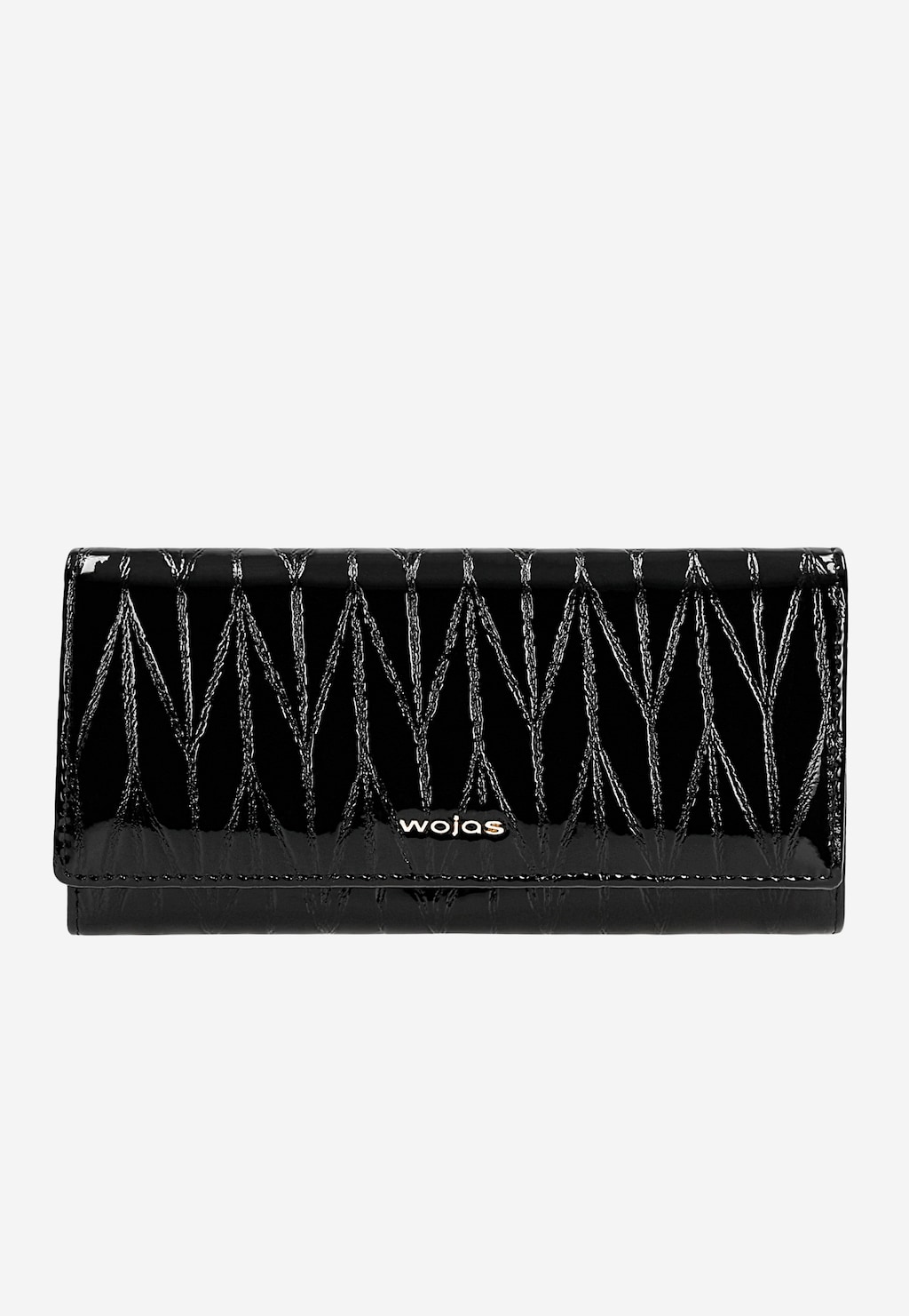 Duży portfel damski Wojas 91087-31 z czarnej lakierowanej skóry z geometrycznym wzorem w kształcie rombów i charakterystycznym srebrnym logo marki na froncie.