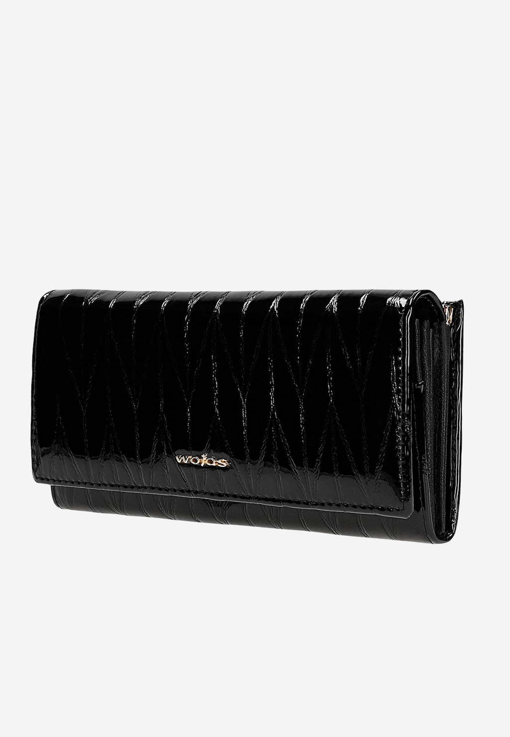 Duży portfel damski Wojas 91087-31 z czarnej lakierowanej skóry o pikowanej fakturze, ze złotym logo marki, widoczny z boku, elegancki i pojemny.