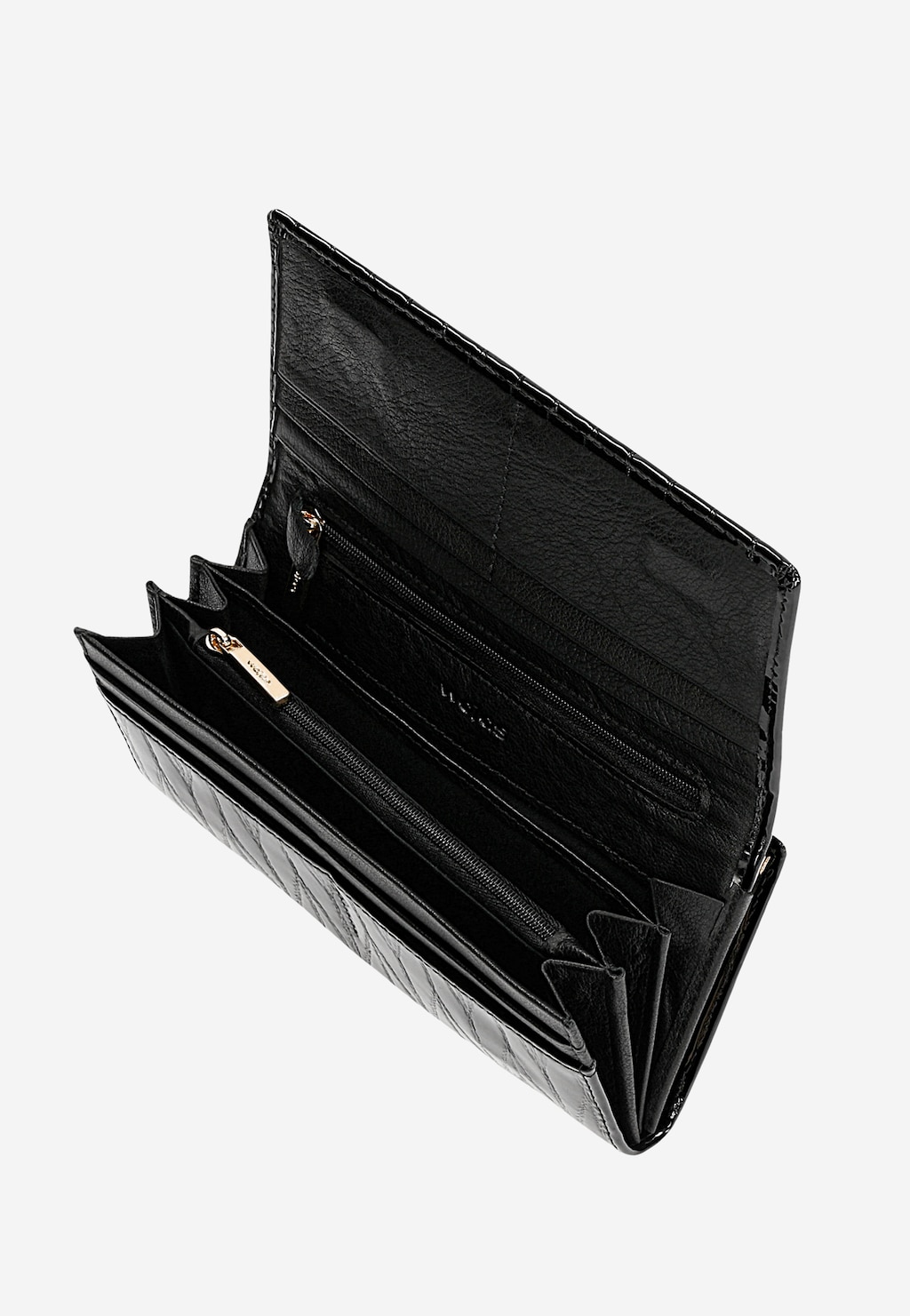 Wnętrze czarnego lakierowanego portfela damskiego Wojas model 91087-31, ukazujące liczne przegrody, kieszenie na karty i zamykane kieszonki na zamek błyskawiczny.