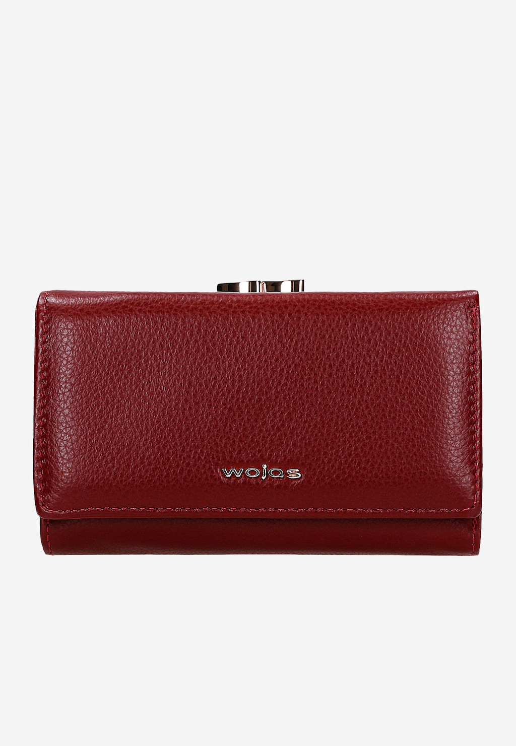 Czerwony skórzany portfel damski Wojas model 91085-55 z eleganckim zapięciem na zatrzask. Widoczne srebrne logo marki i metalowe elementy zamknięcia na górze portfela.