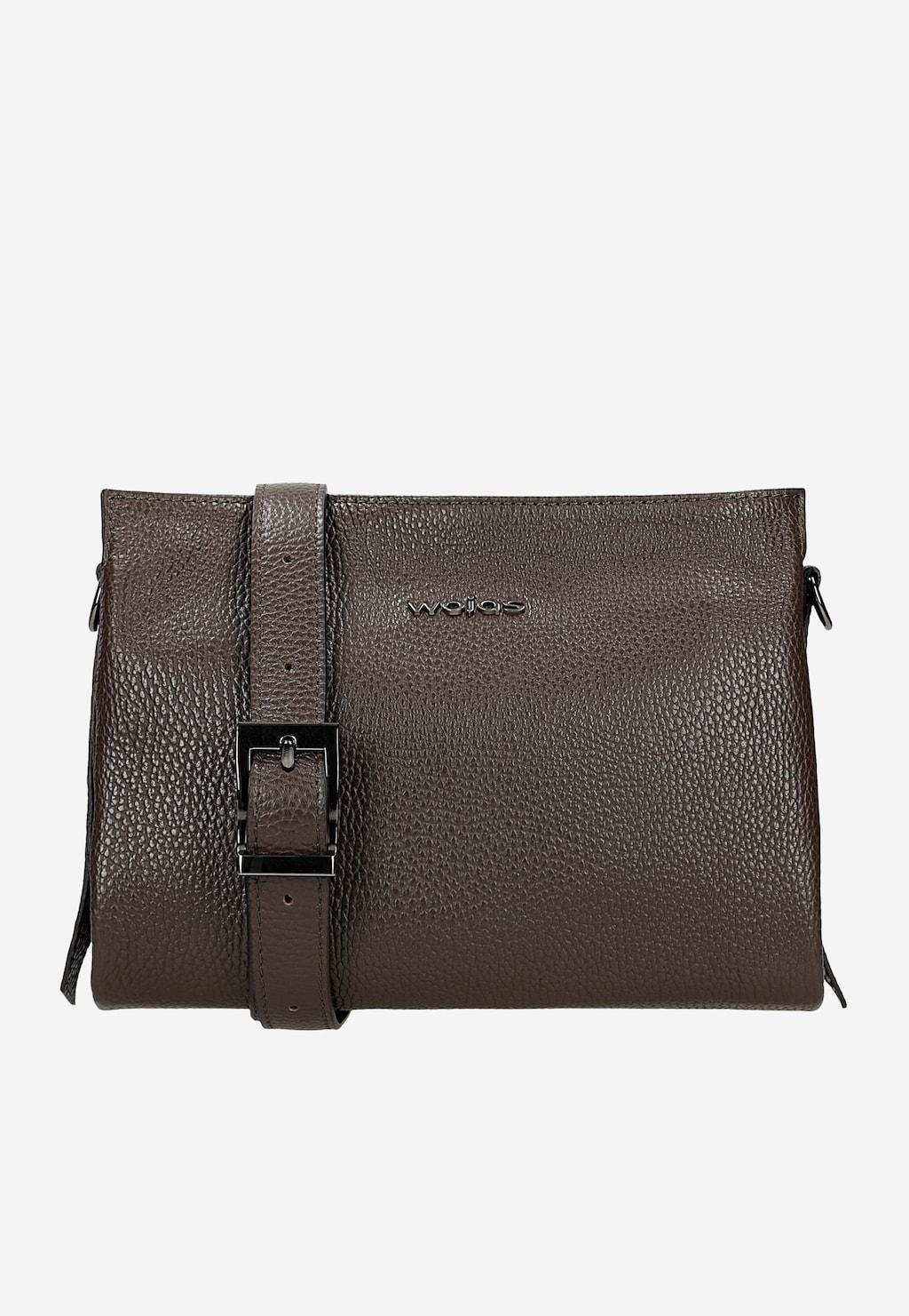 Elegancka ciemnobrązowa torebka Wojas model 80417-52 ze skóry z wyraźnym ziarnem, z regulowanym paskiem na ramię i metalowym logo marki na froncie.