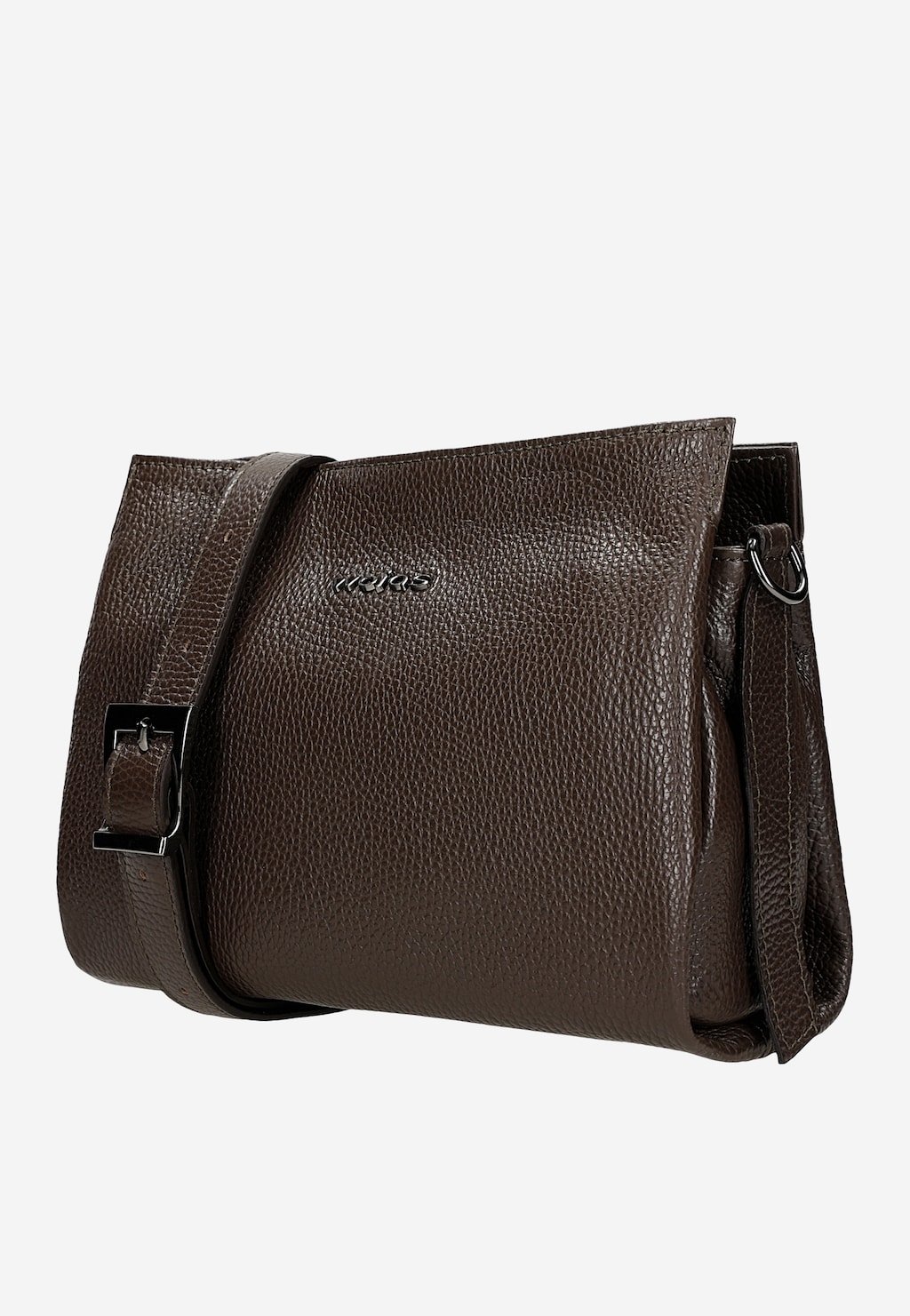 Ciemnobrązowa skórzana torebka damska Wojas model 80417-52 na ramię z widocznym logo marki, regulowanym paskiem i metalowymi elementami ozdobnymi.