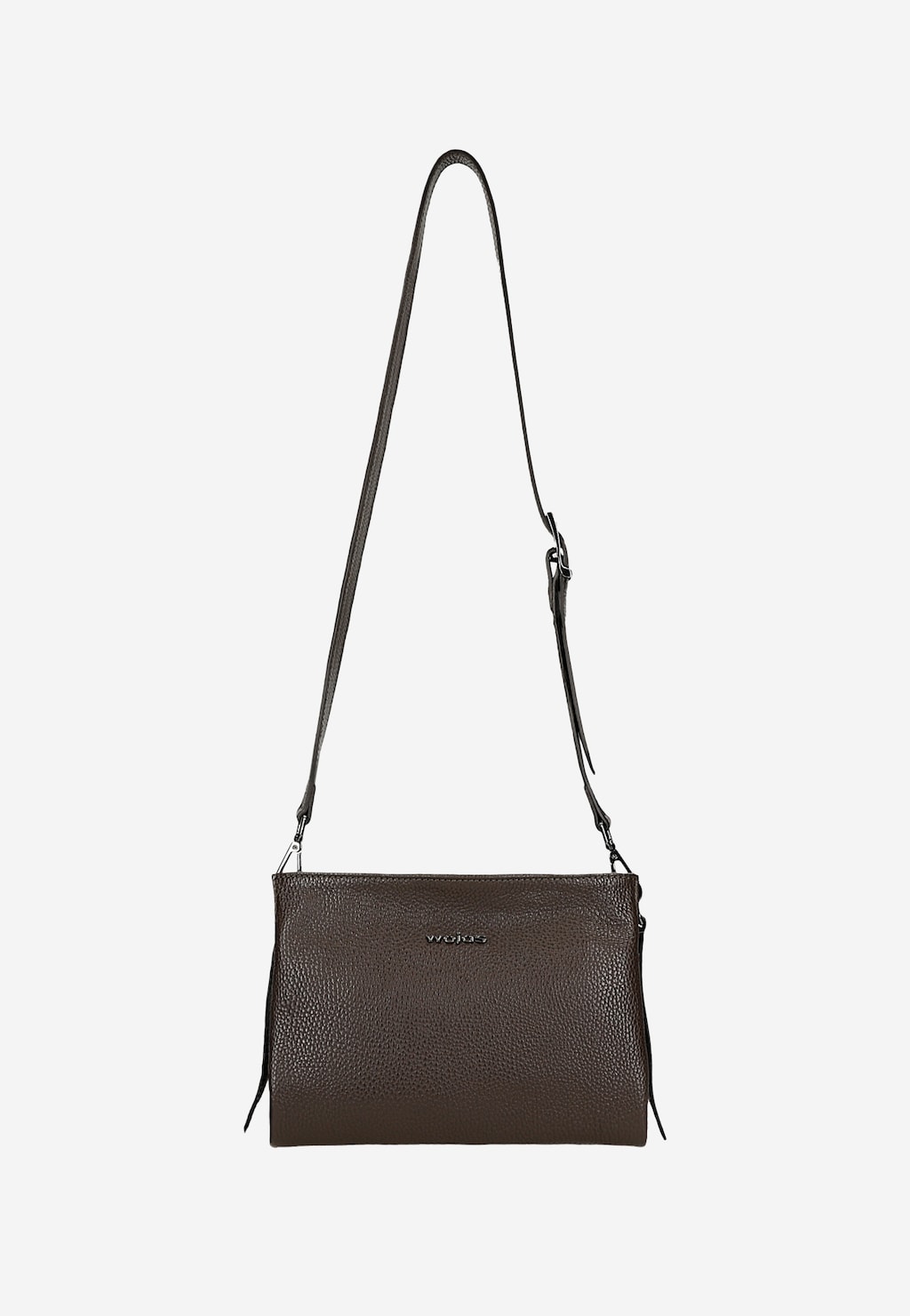 Ciemnobrązowa skórzana torebka damska Wojas model 80417-52 z regulowanym paskiem na ramię, widoczną fakturą skóry i logiem marki na froncie.