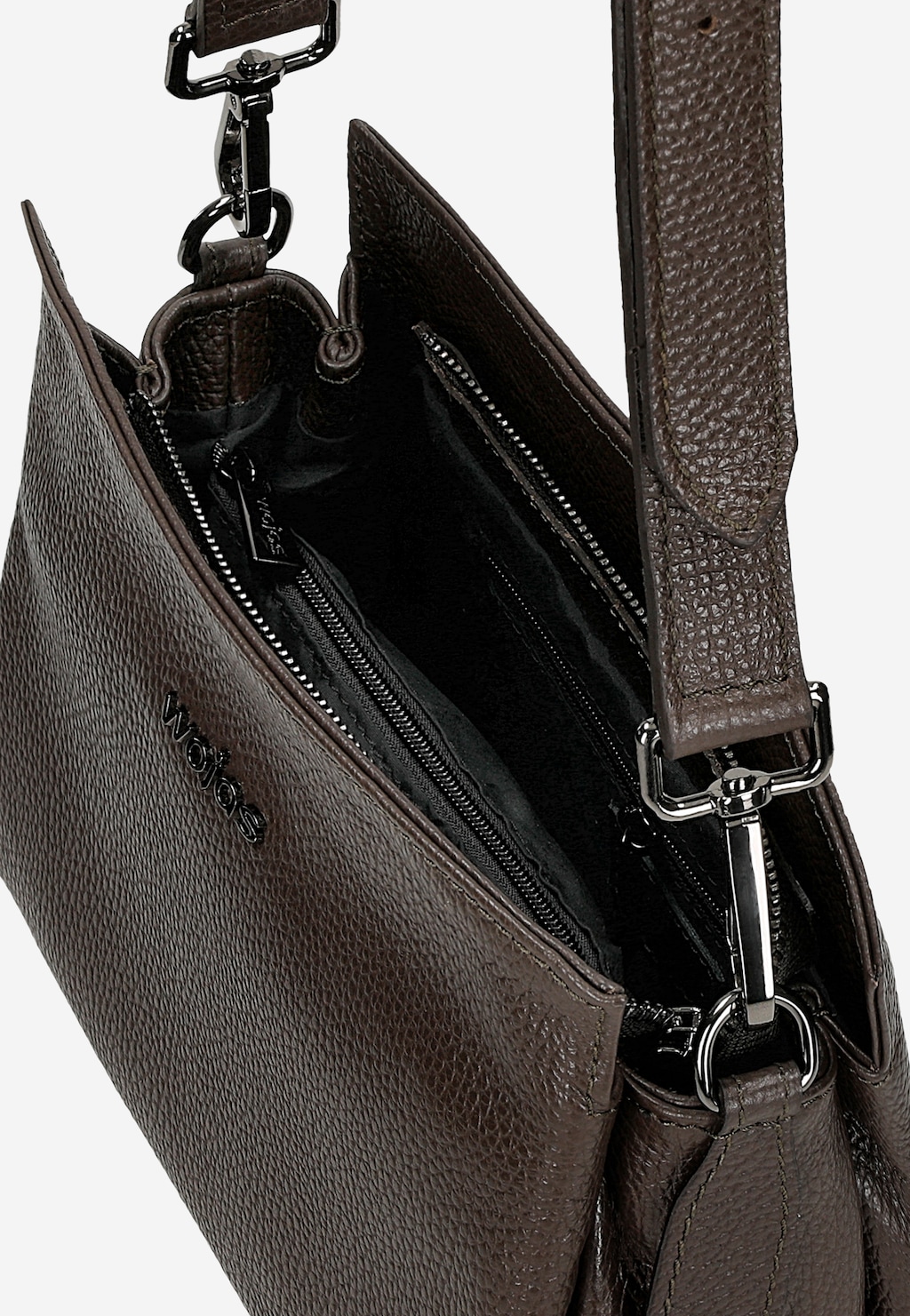 Elegancka ciemnobrązowa torebka damska Wojas model 80417-52 z otwartym wnętrzem ukazującym czarną podszewkę i kieszenie. Widoczne metalowe zapięcia i pasek na ramię.