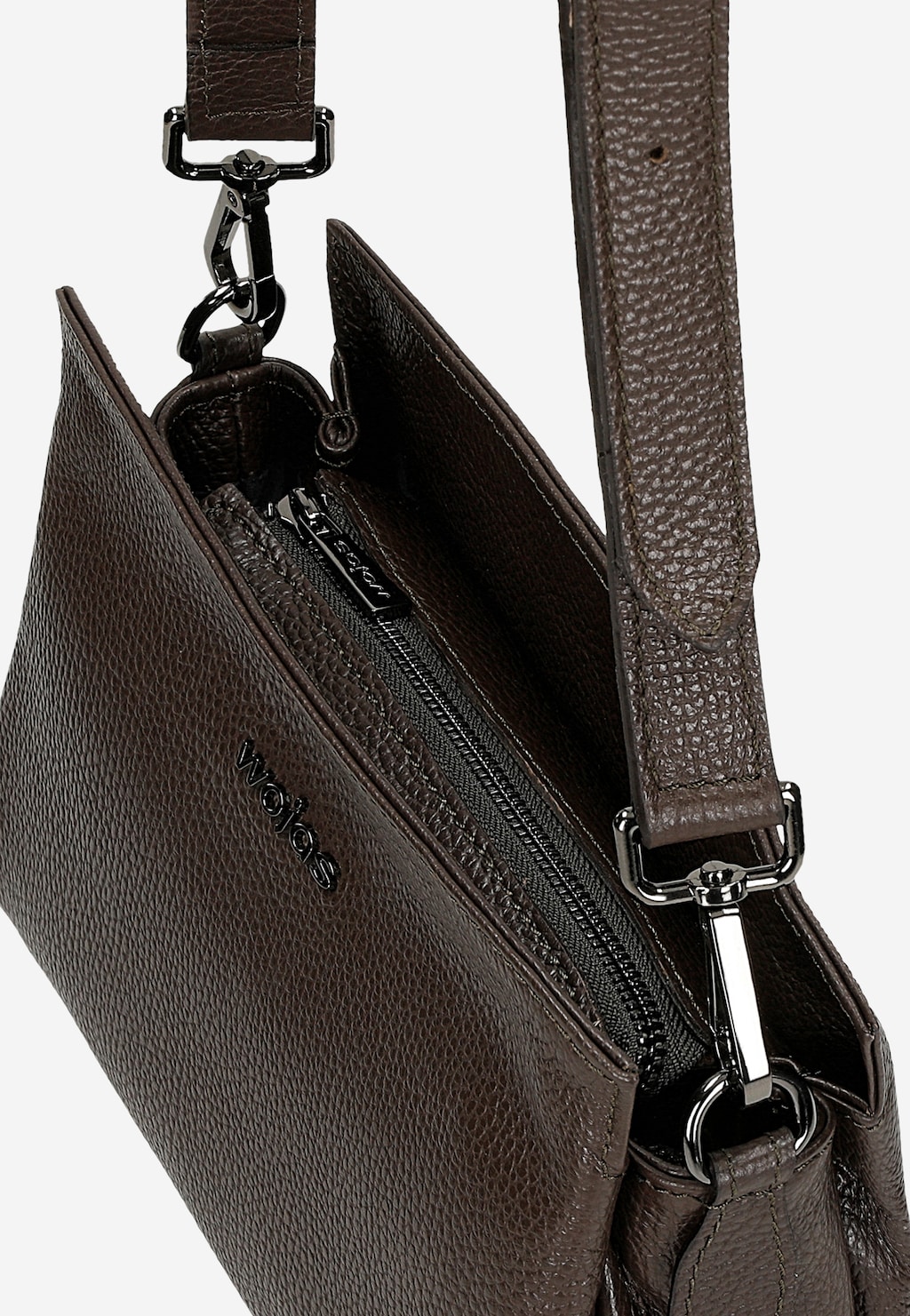 Ciemnobrązowa skórzana torebka damska Wojas model 80417-52 z widocznym wnętrzem, zapięciem na zamek błyskawiczny i regulowanym paskiem na ramię.