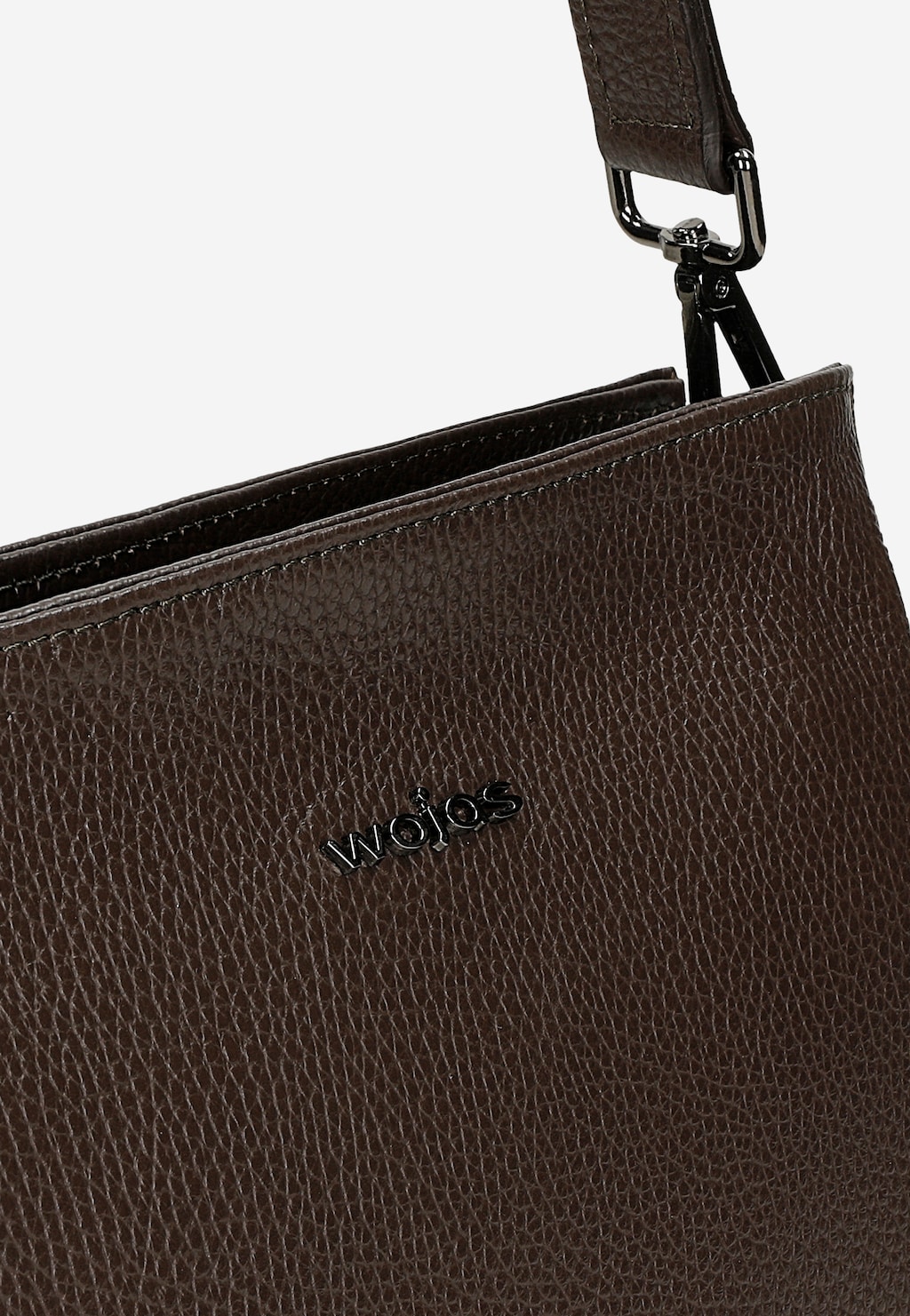 Ciemnobrązowa skórzana torebka damska Wojas model 80417-52 z wyraźnym logo marki na froncie, widoczna tekstura skóry i metalowe zapięcie paska.