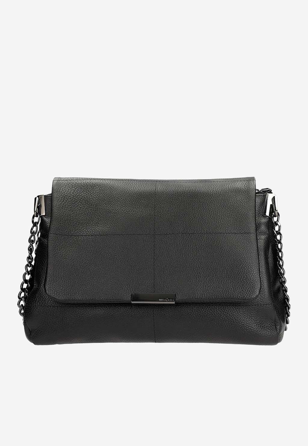 Elegancka czarna skórzana torebka Wojas 80416-51 z charakterystycznym łańcuszkiem na pasku. Widoczna tekstura skóry i metalowe zapięcie z logo marki.