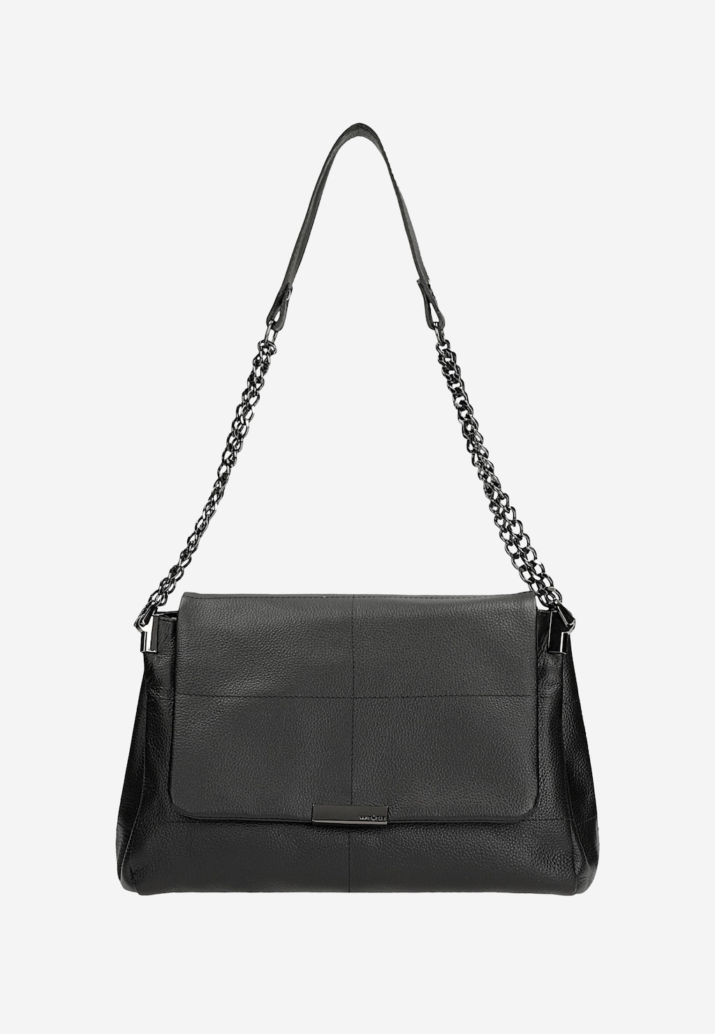 Czarna skórzana torebka damska Wojas model 80416-51 z eleganckim łańcuszkiem na pasku. Widok z przodu pokazuje minimalistyczny design i teksturę skóry.