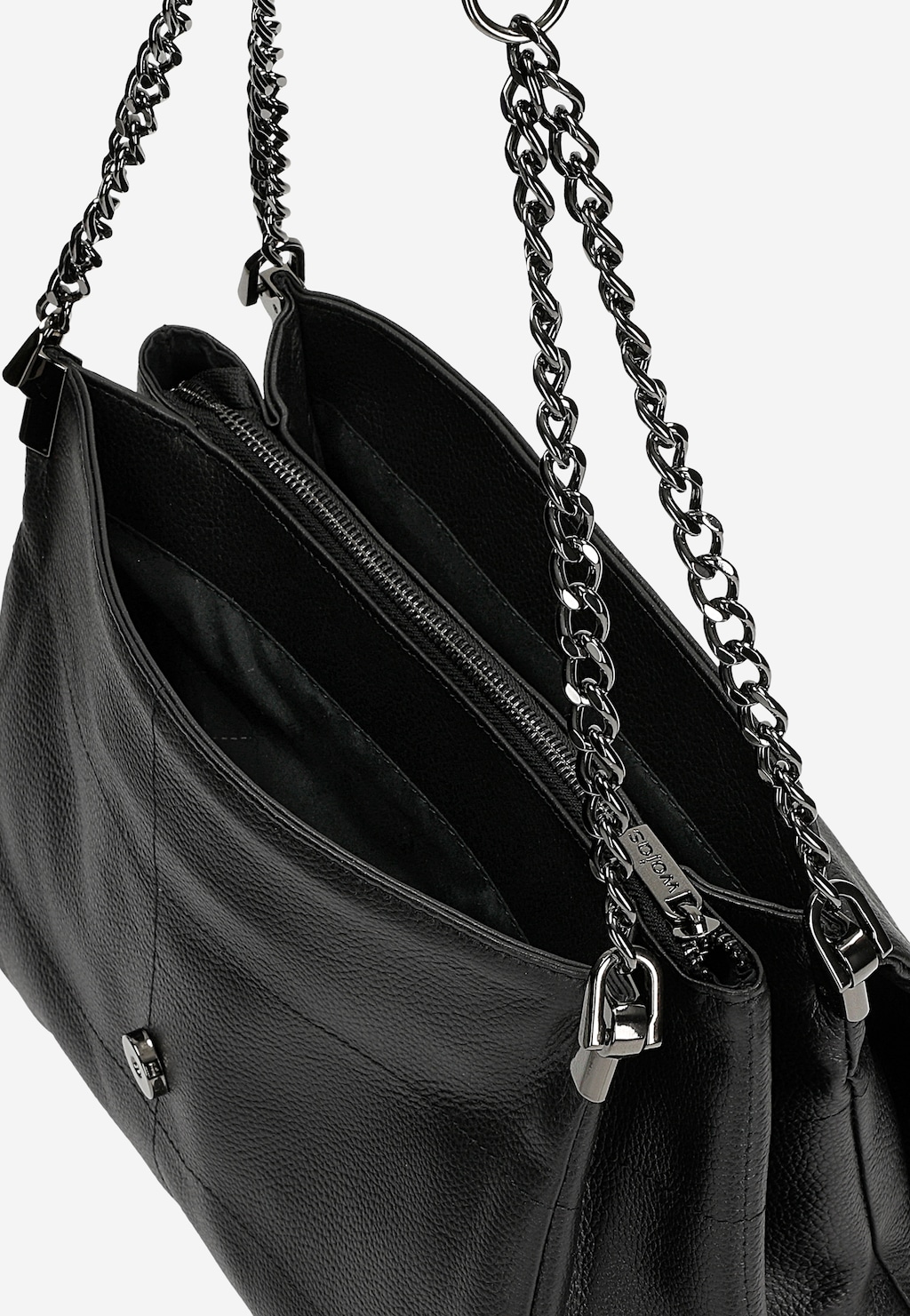 Elegancka czarna skórzana torebka Wojas 80416-51 z metalowym łańcuszkiem na pasku, ukazana od góry z widocznym wnętrzem i przegródkami.