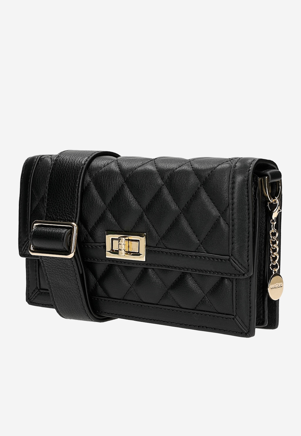 Czarna pikowana torebka skórzana Wojas model 80415-51 z charakterystycznym wzorem w romby, złotym zapięciem i łańcuszkiem z zawieszką marki.