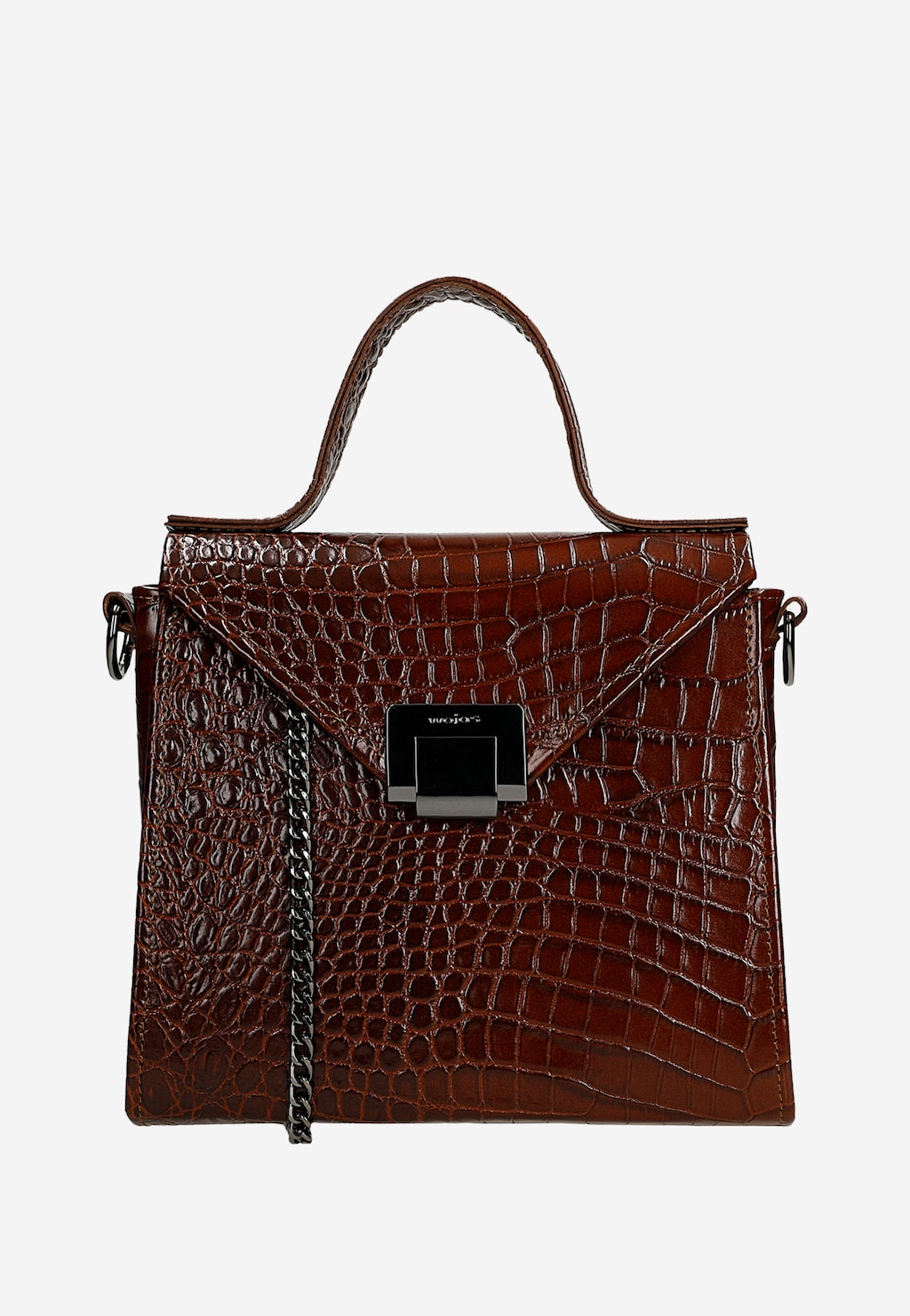Elegancka brązowa torebka damska Wojas model 80406-52 z tłoczonej skóry o wzorze krokodyla, z metalowym zapięciem i łańcuszkiem do noszenia na ramieniu.